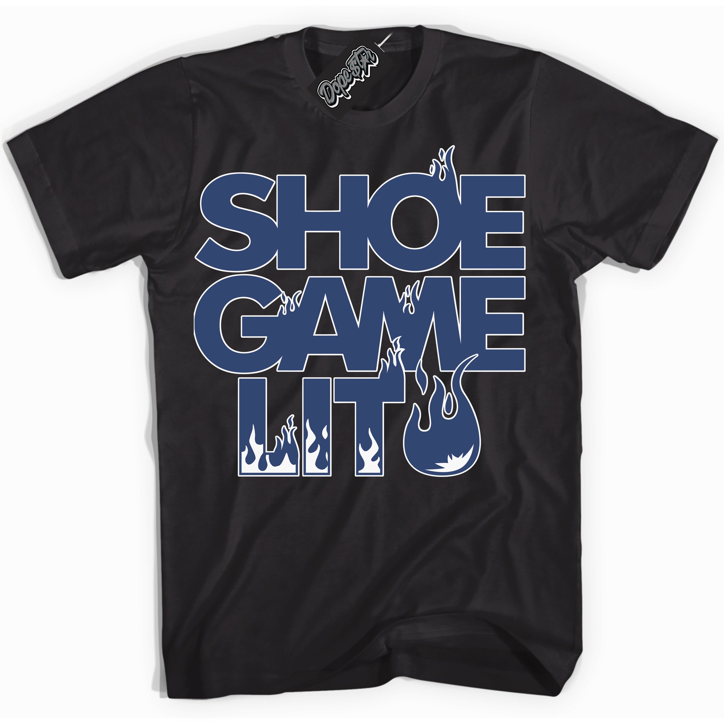 Cool Black Shirt with “ Shoe Game Lit ” design that perfectly matches Diffused Blue 11s Jordans.