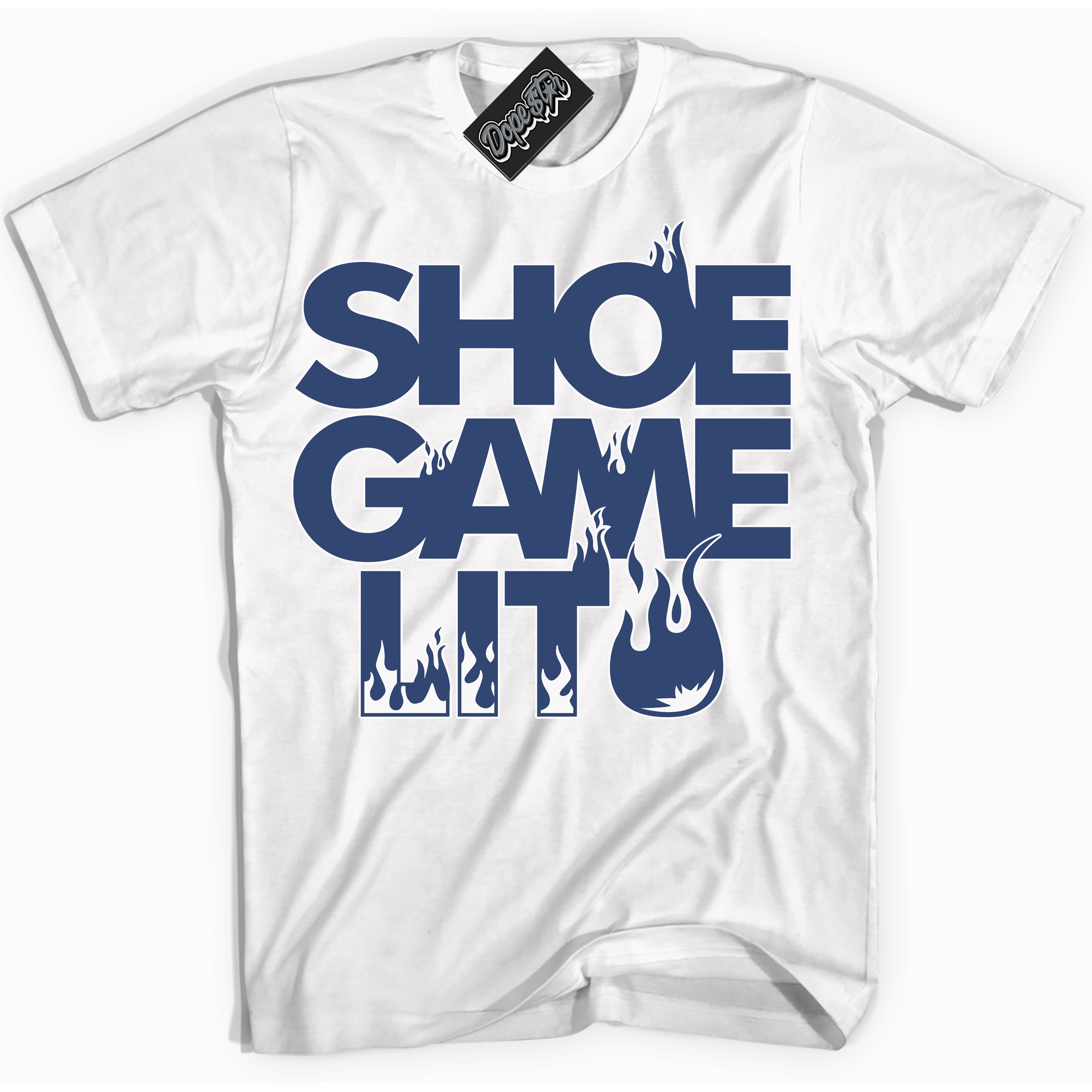 Cool White Shirt with “ Shoe Game Lit ” design that perfectly matches Diffused Blue 11s Jordans.