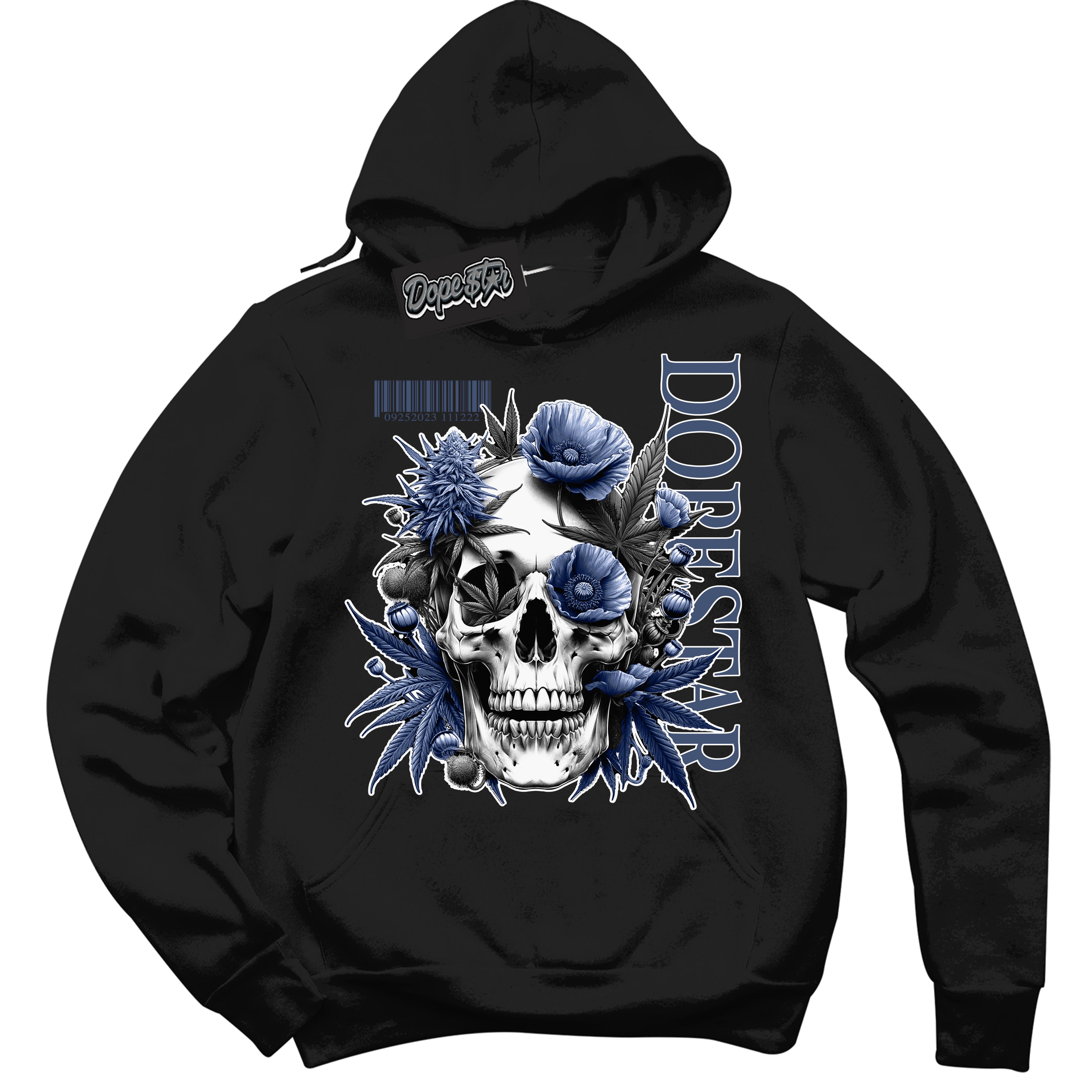 Cool Black Hoodie with “Skull Poppies” design that Perfectly Matches Diffused Blue 11s Jordans.