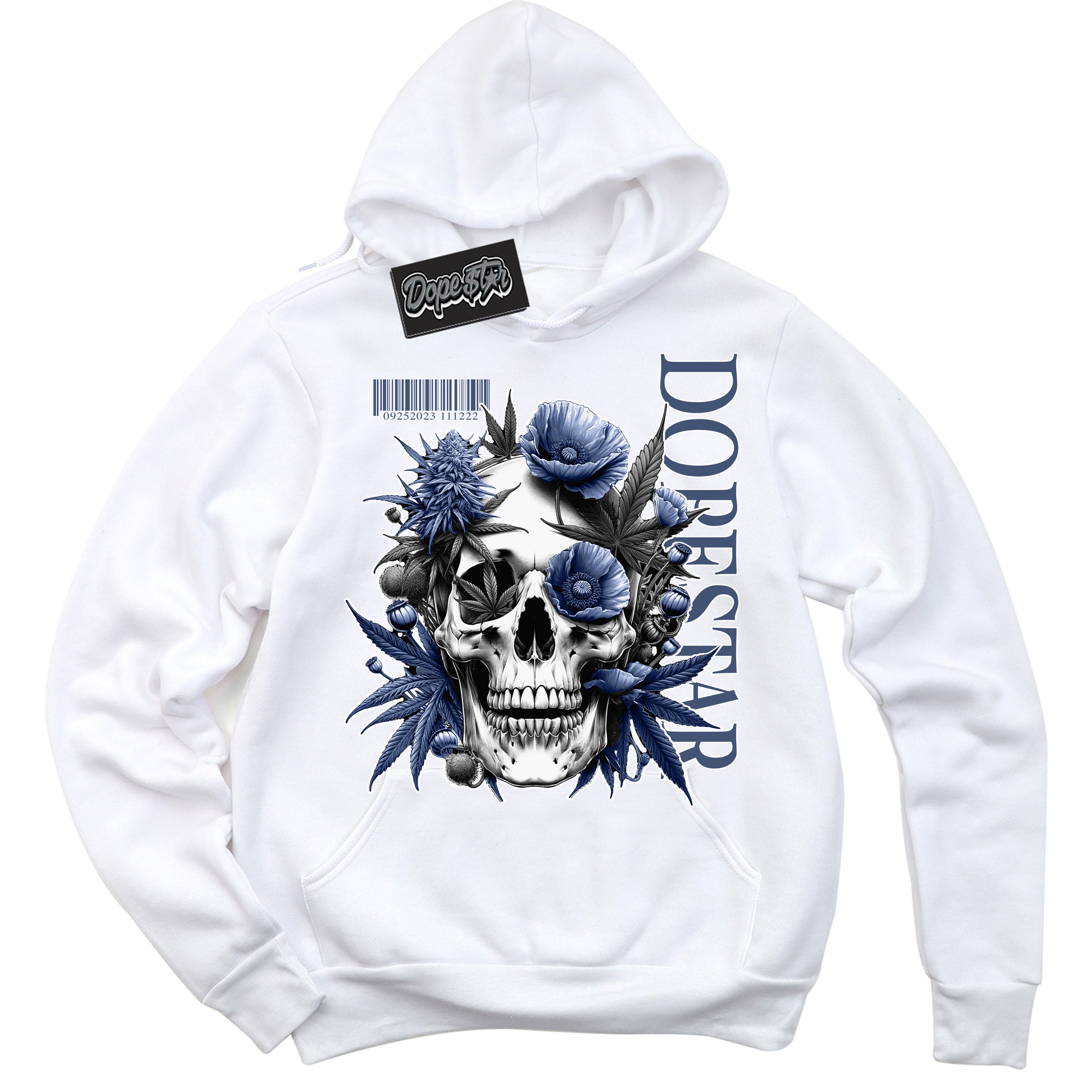 Cool White Hoodie with “Skull Poppies” design that Perfectly Matches Diffused Blue 11s Jordans.