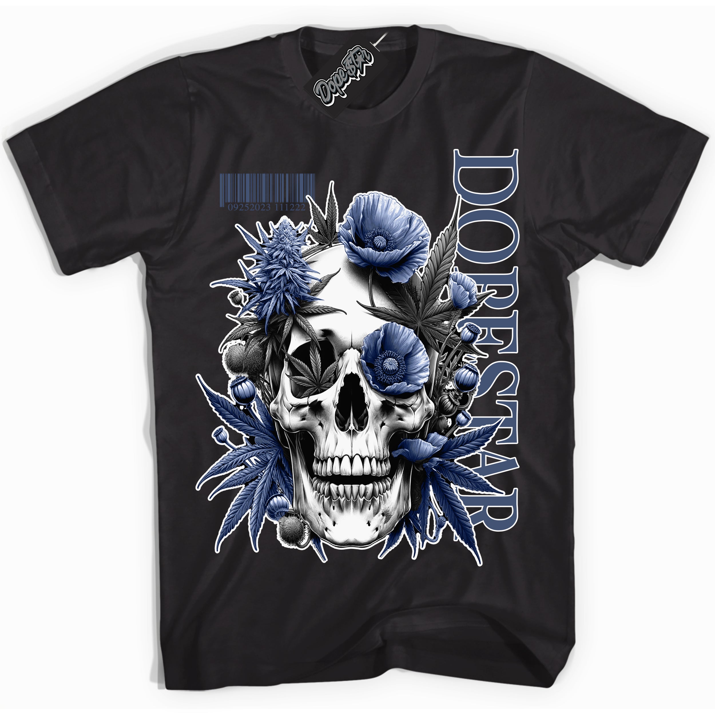 Cool Black Shirt with “Skull Poppies” design that perfectly matches Diffused Blue 11s Jordans.