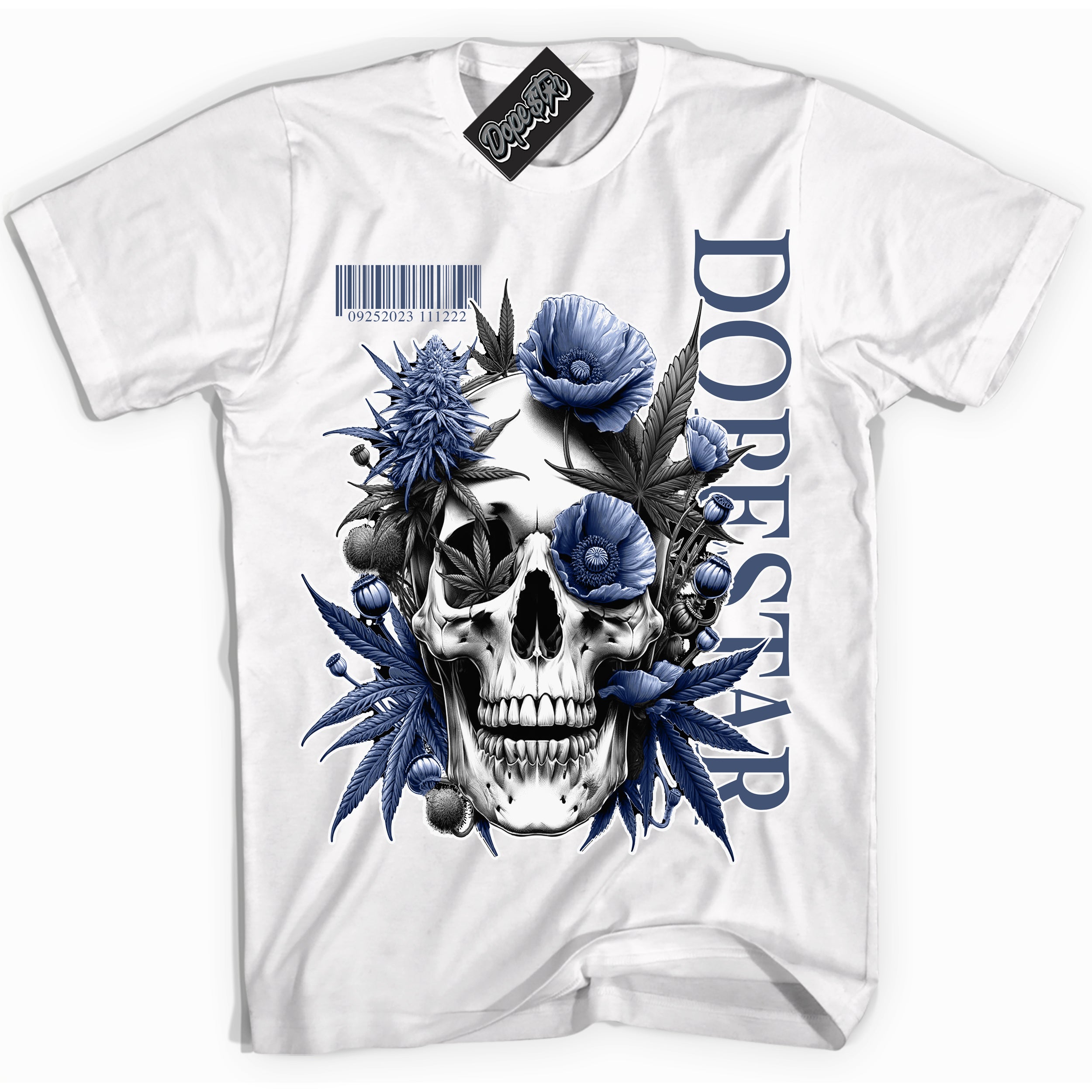 Cool White Shirt with “Skull Poppies” design that perfectly matches Diffused Blue 11s Jordans.