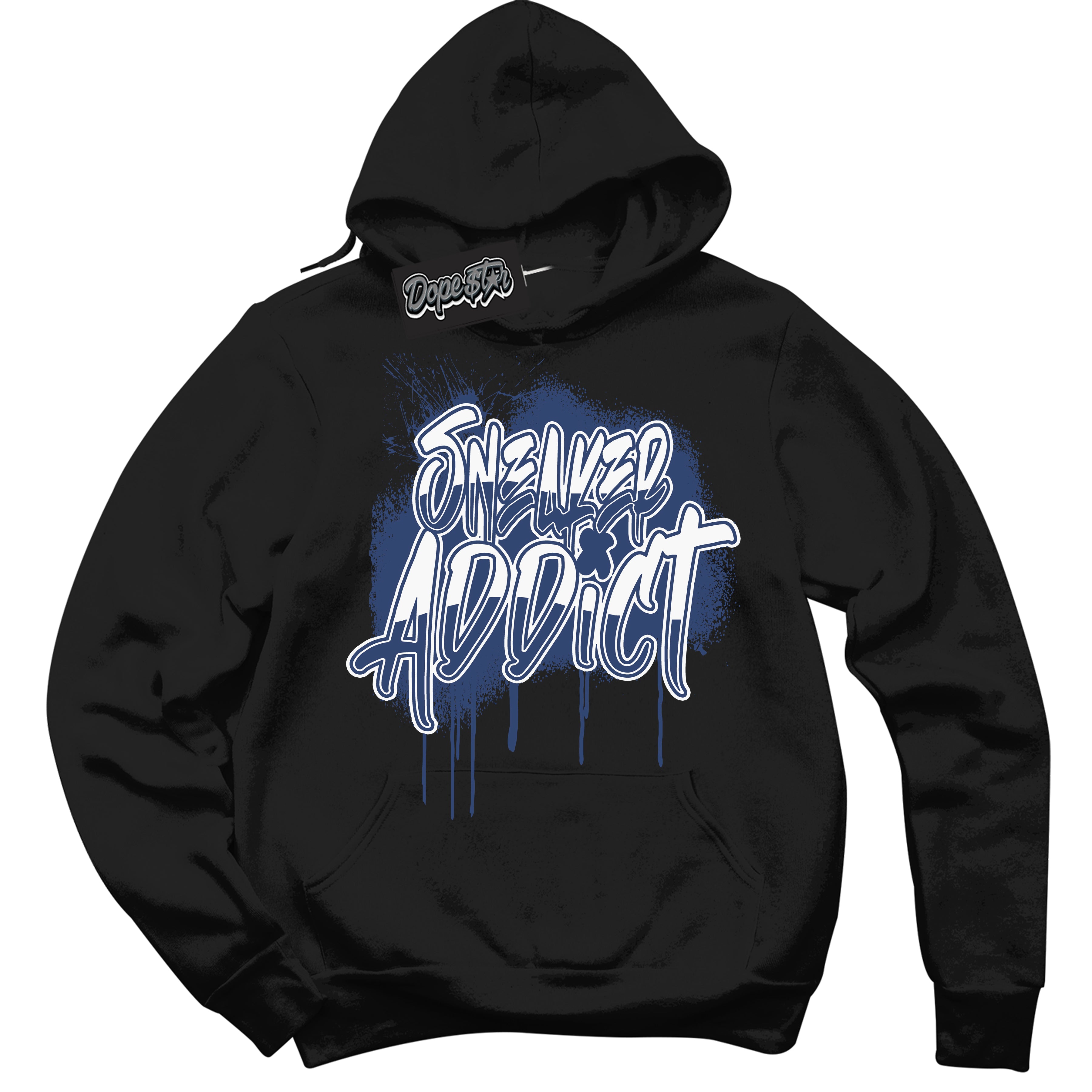 Cool Black Hoodie with “ Sneaker Addict ” design that Perfectly Matches Diffused Blue 11s Jordans.