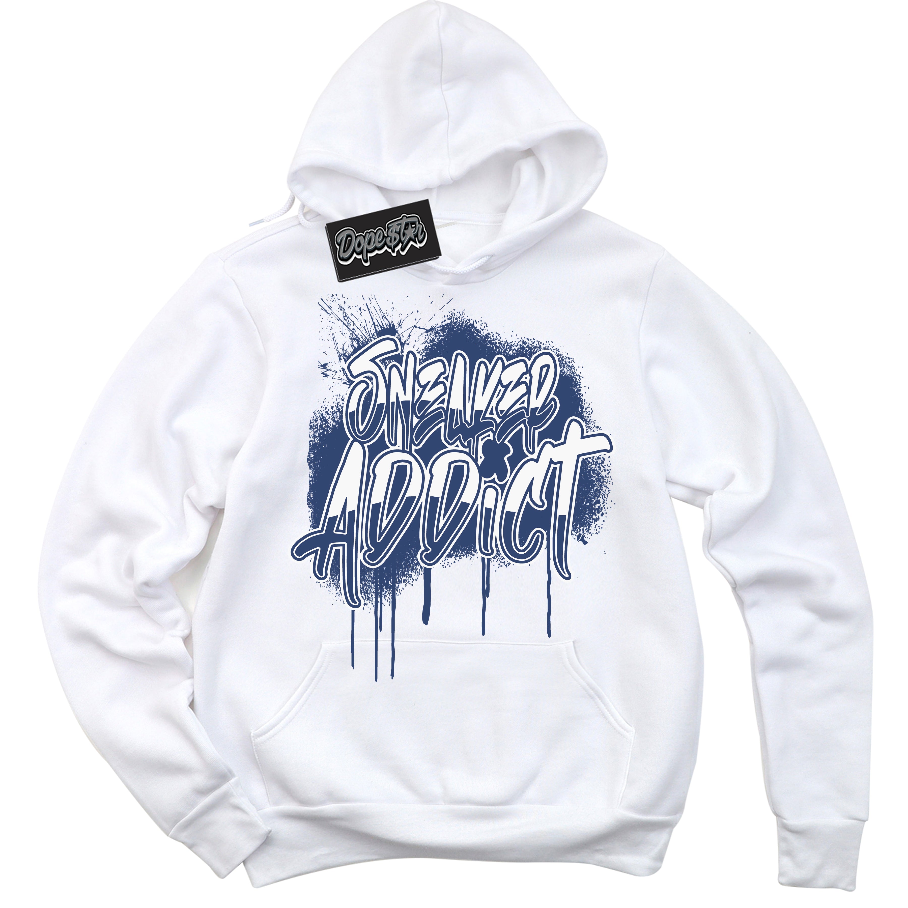 Cool White Hoodie with “ Sneaker Addict ” design that Perfectly Matches Diffused Blue 11s Jordans.