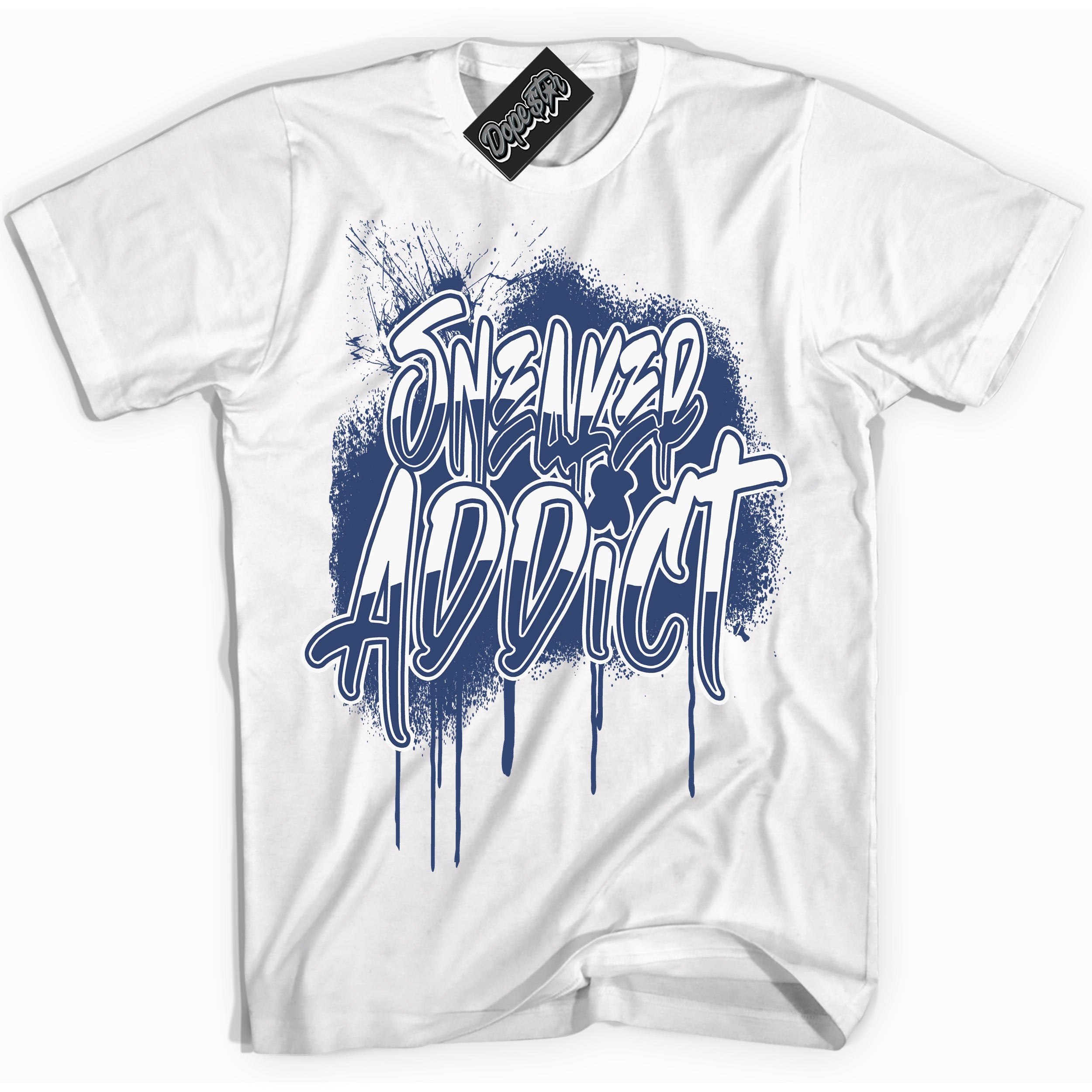 Cool White Shirt with “ Sneaker Addict ” design that perfectly matches Diffused Blue 11s Jordans.