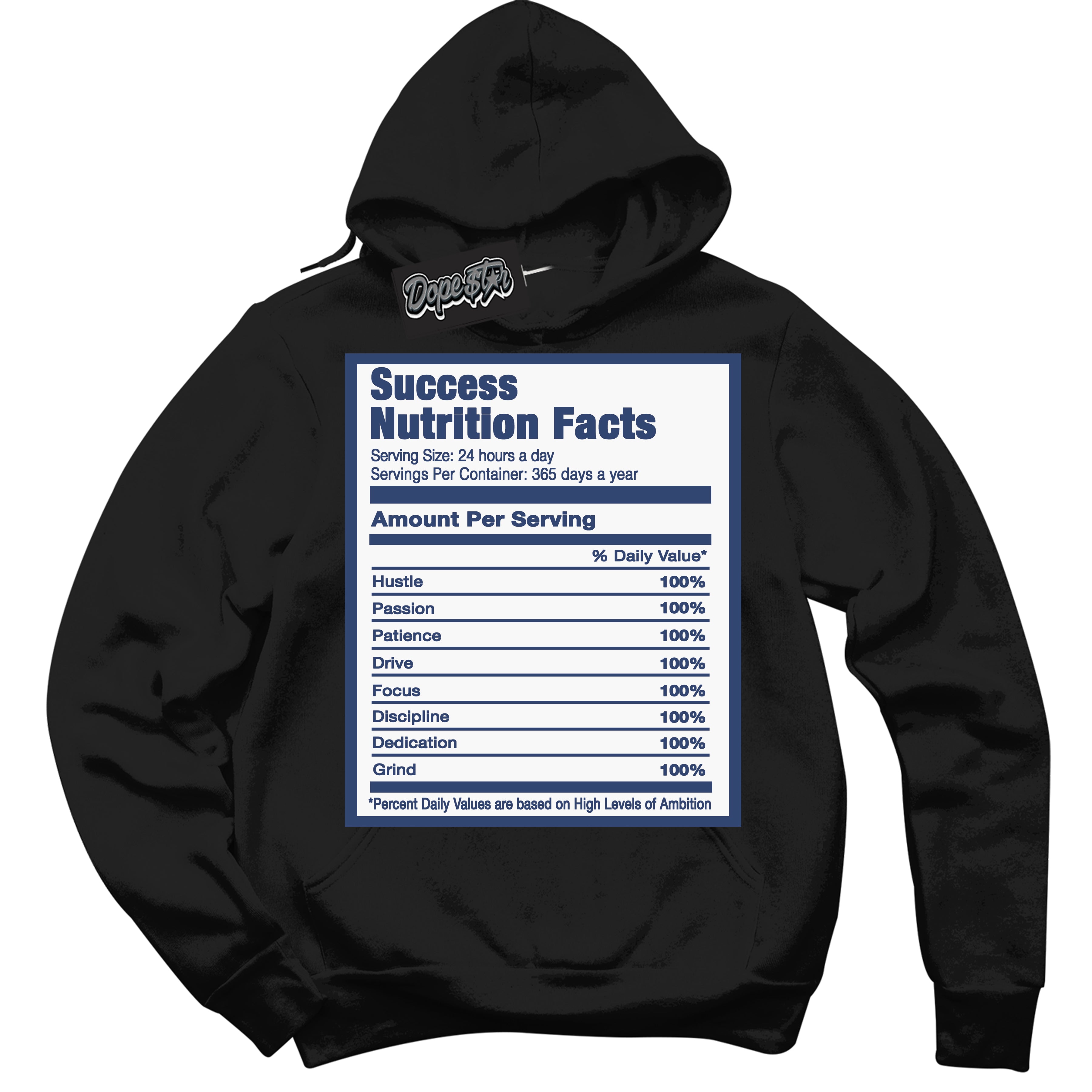 Cool Black Hoodie with “Success Nutrition” design that Perfectly Matches Diffused Blue 11s Jordans.