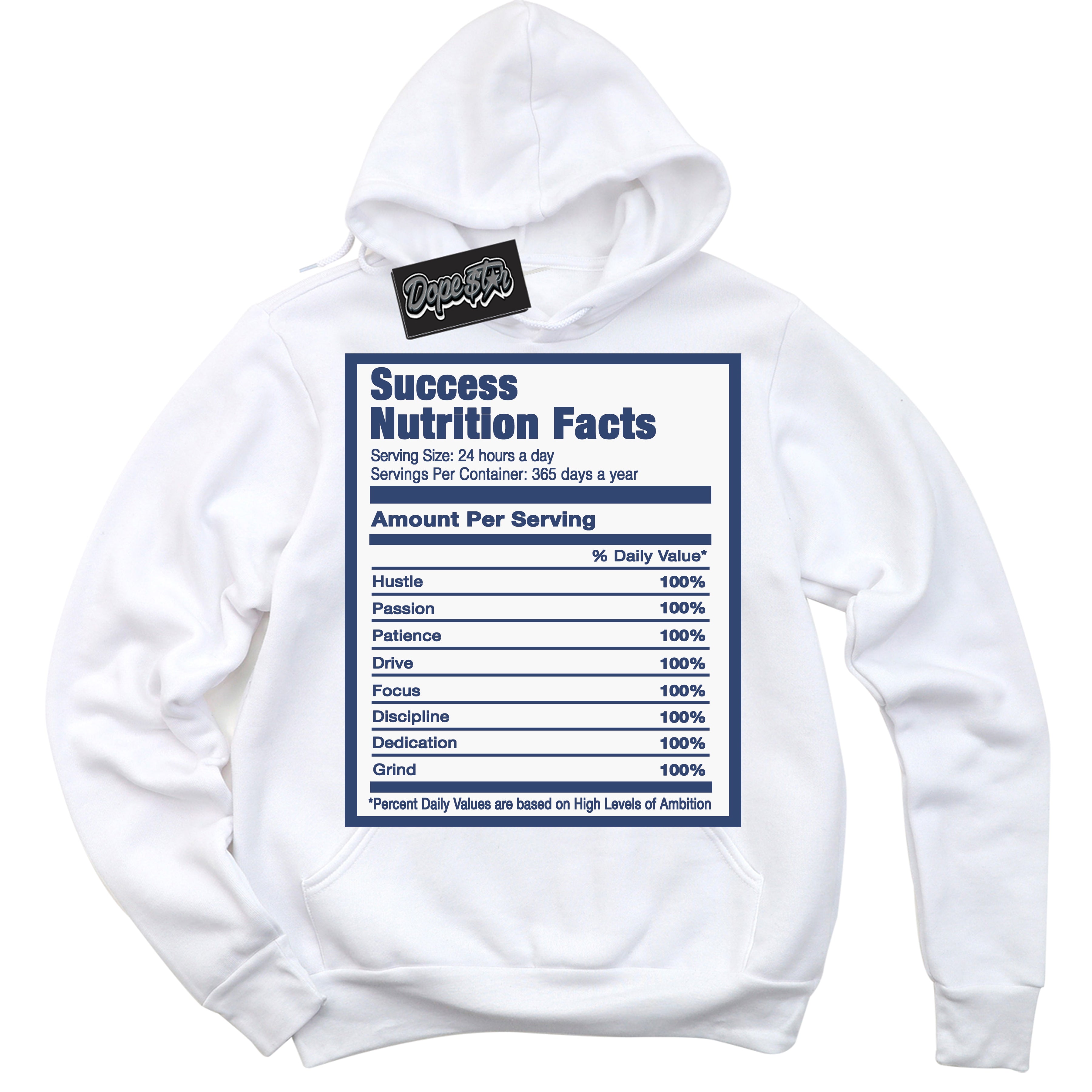 Cool White Hoodie with “Success Nutrition” design that Perfectly Matches Diffused Blue 11s Jordans.