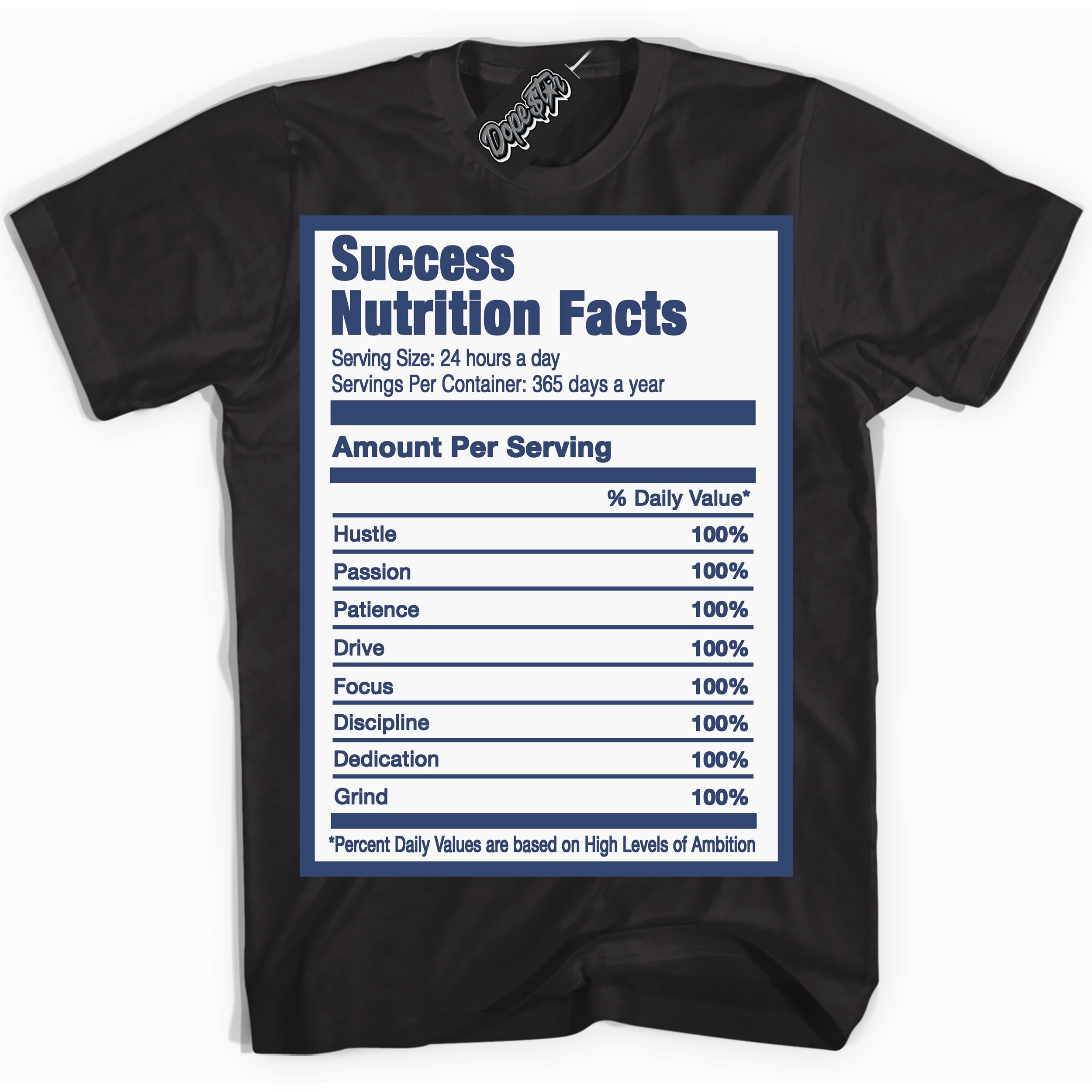 Cool Black Shirt with “ Success Nutrition ” design that perfectly matches Diffused Blue 11s Jordans.