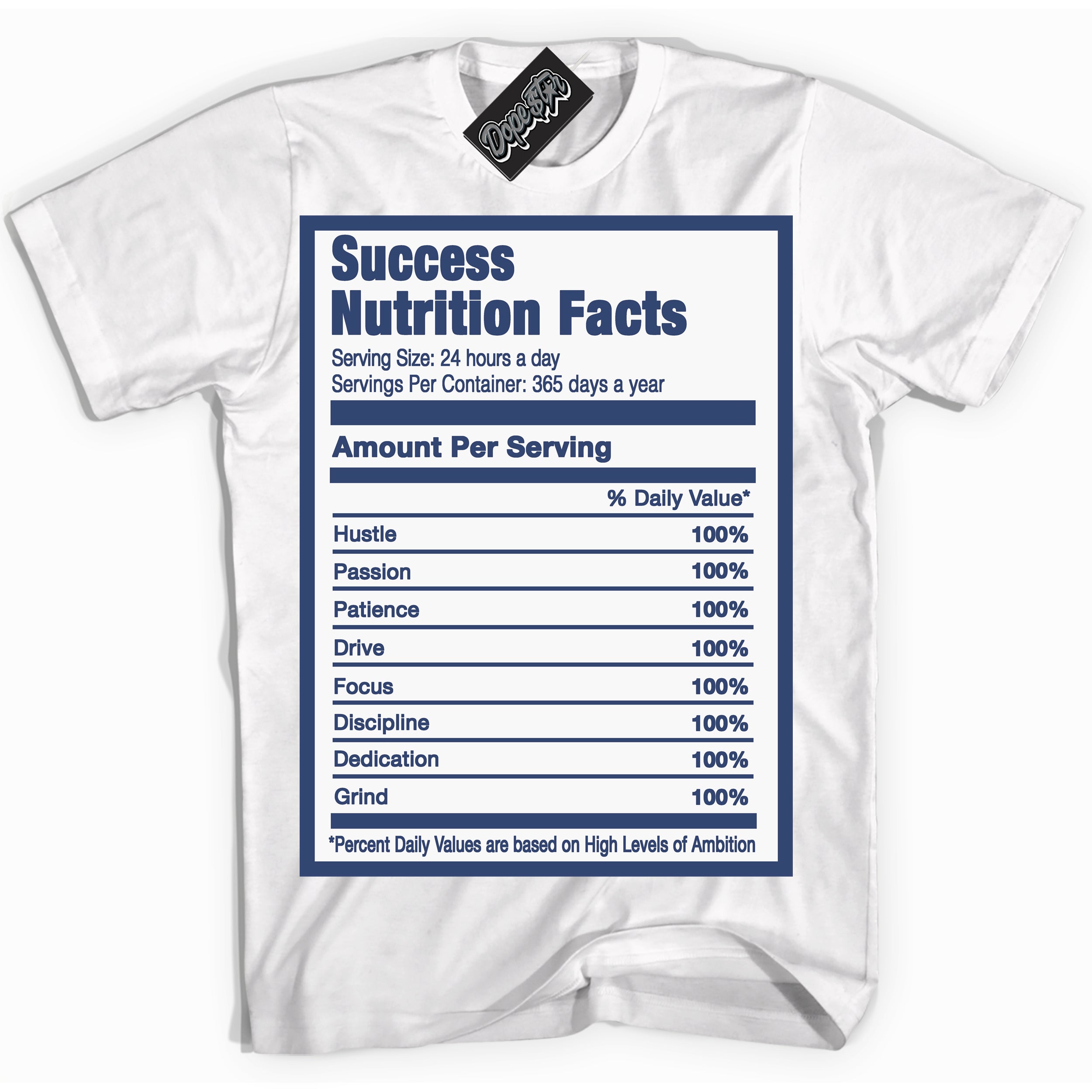 Cool White Shirt with “Success Nutrition” design that perfectly matches Diffused Blue 11s Jordans.