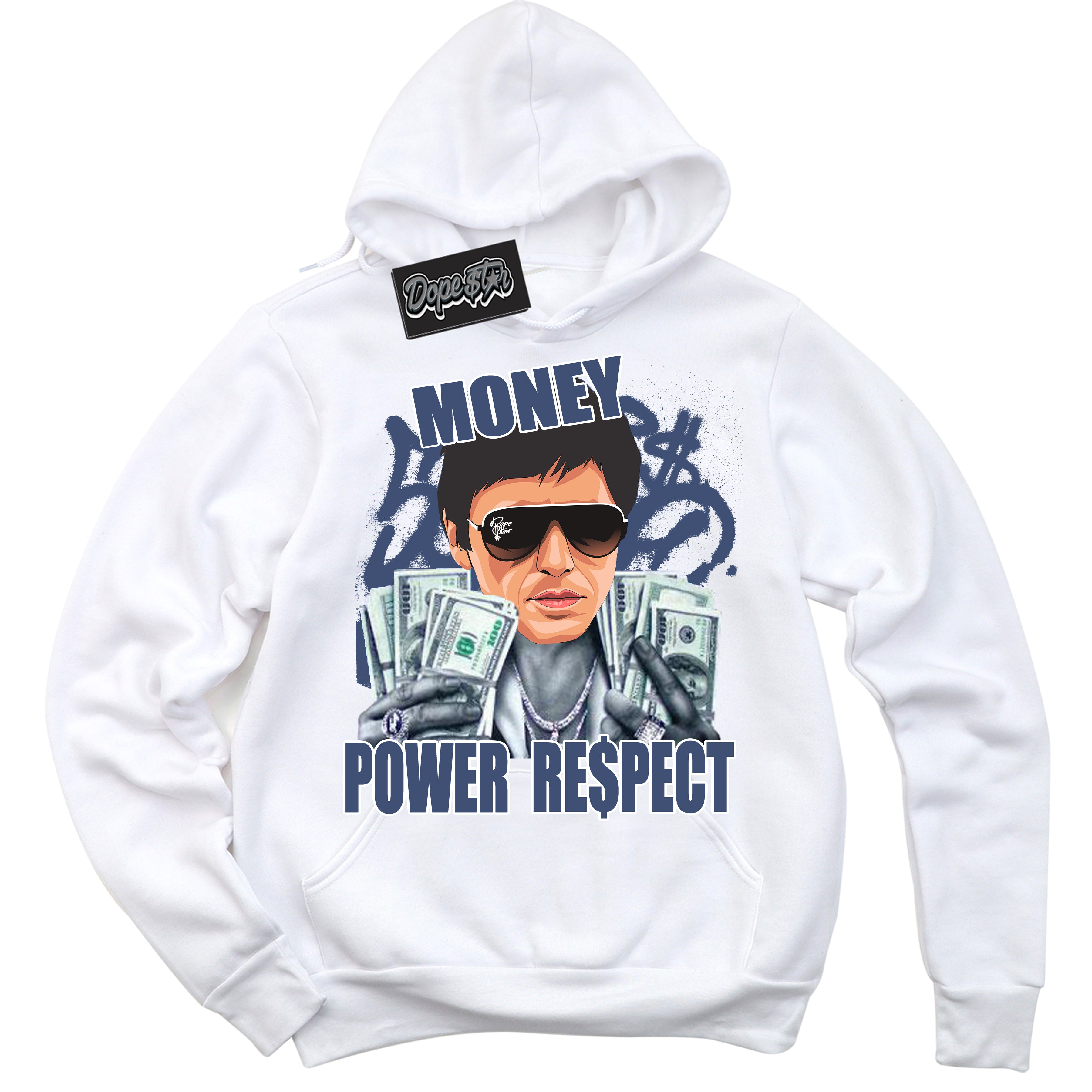 Cool White Hoodie with “ Tony Montana ” design that Perfectly Matches Diffused Blue 11s Jordans.