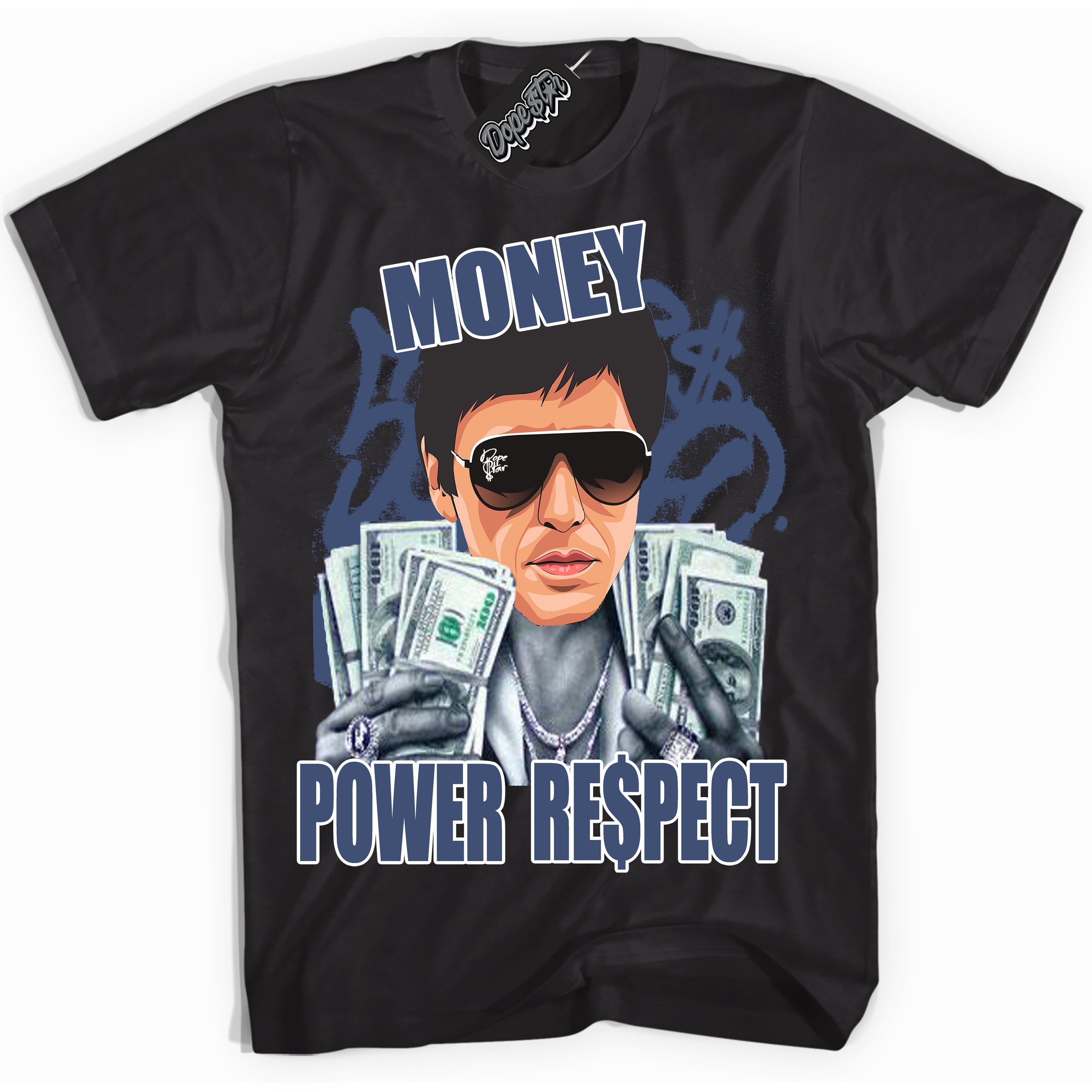 Cool Black Shirt with “ Tony Montana ” design that perfectly matches Diffused Blue 11s Jordans.