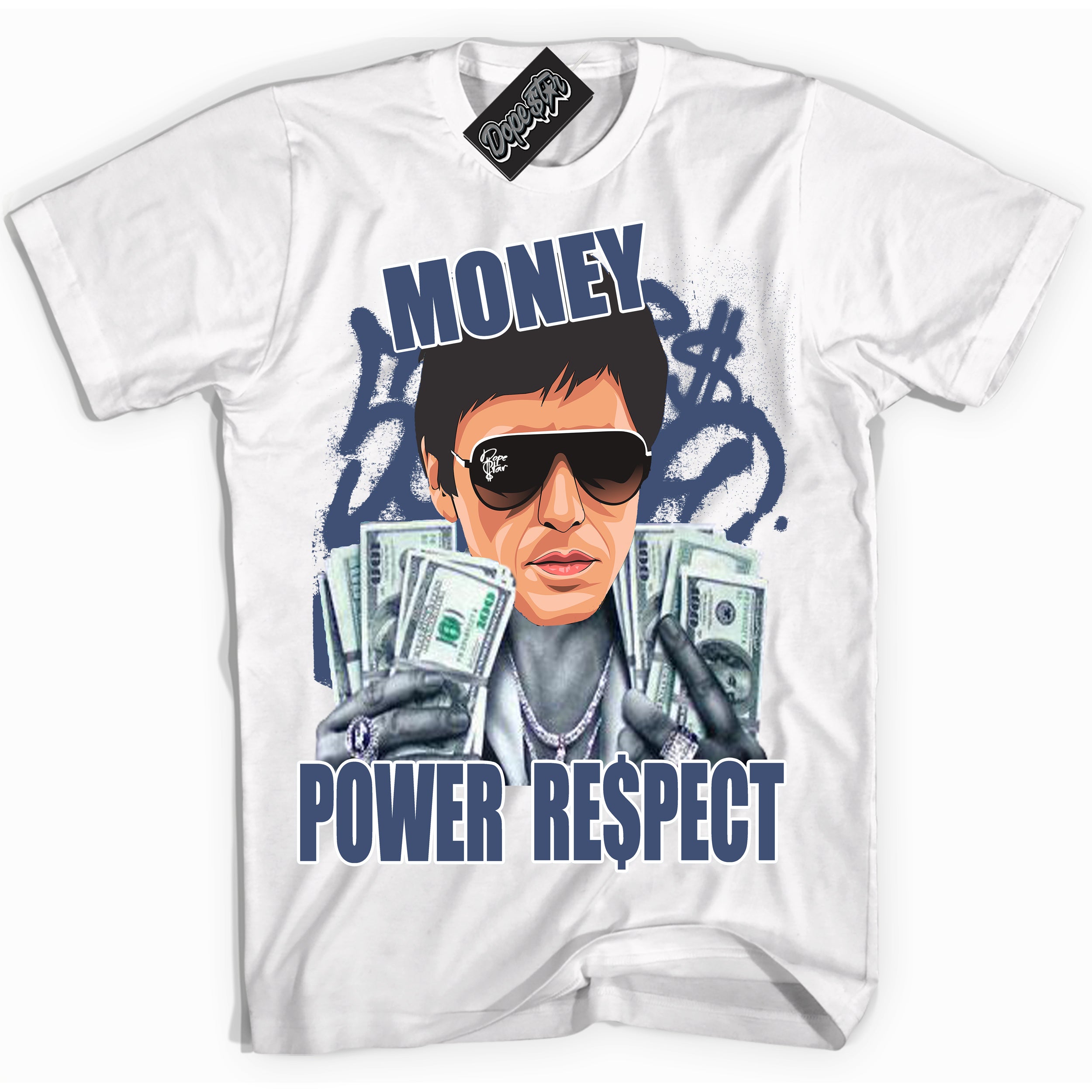 Cool White Shirt with “ Tony Montana ” design that perfectly matches Diffused Blue 11s Jordans.