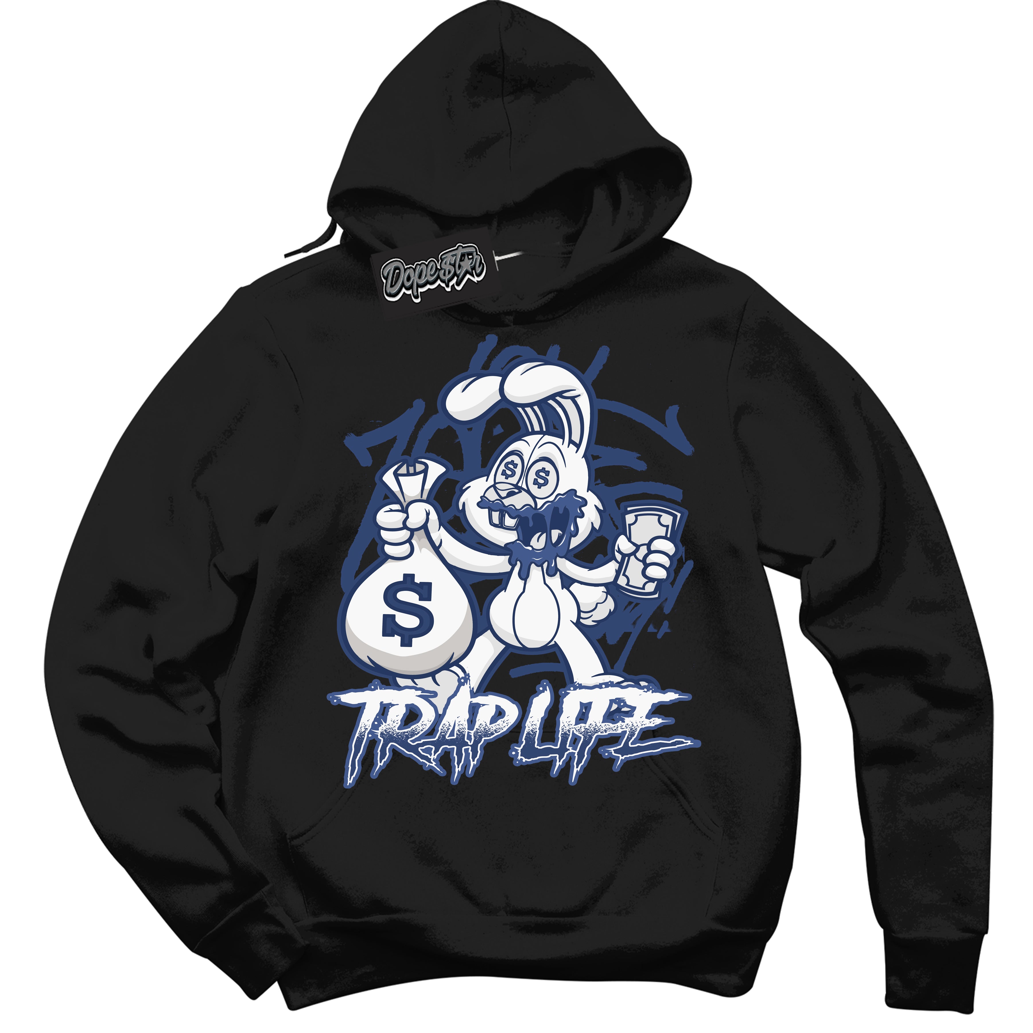 Cool Black Hoodie with “ Trap Rabbit ” design that Perfectly Matches Diffused Blue 11s Jordans.