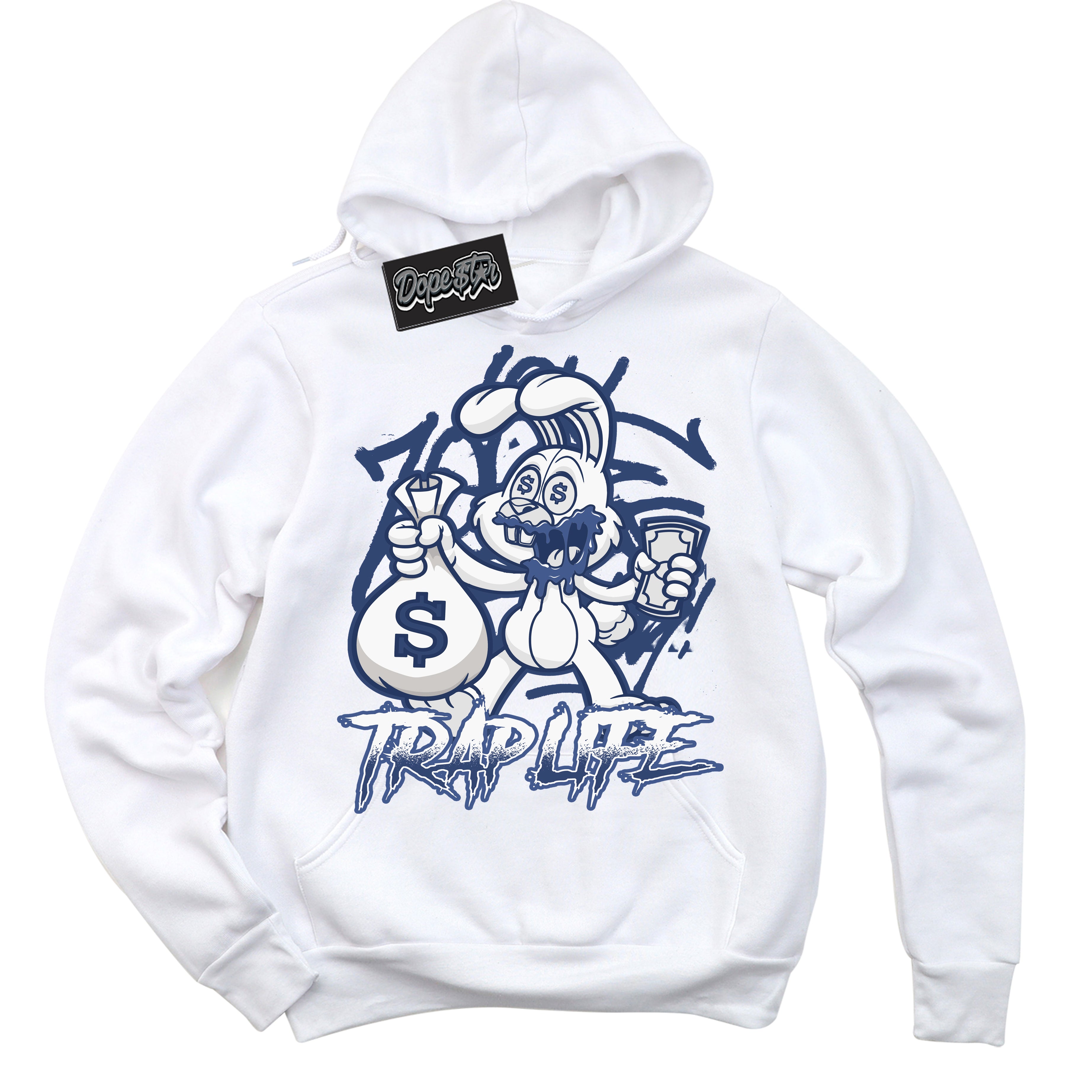 Cool White Hoodie with “ Trap Rabbit ” design that Perfectly Matches Diffused Blue 11s Jordans.