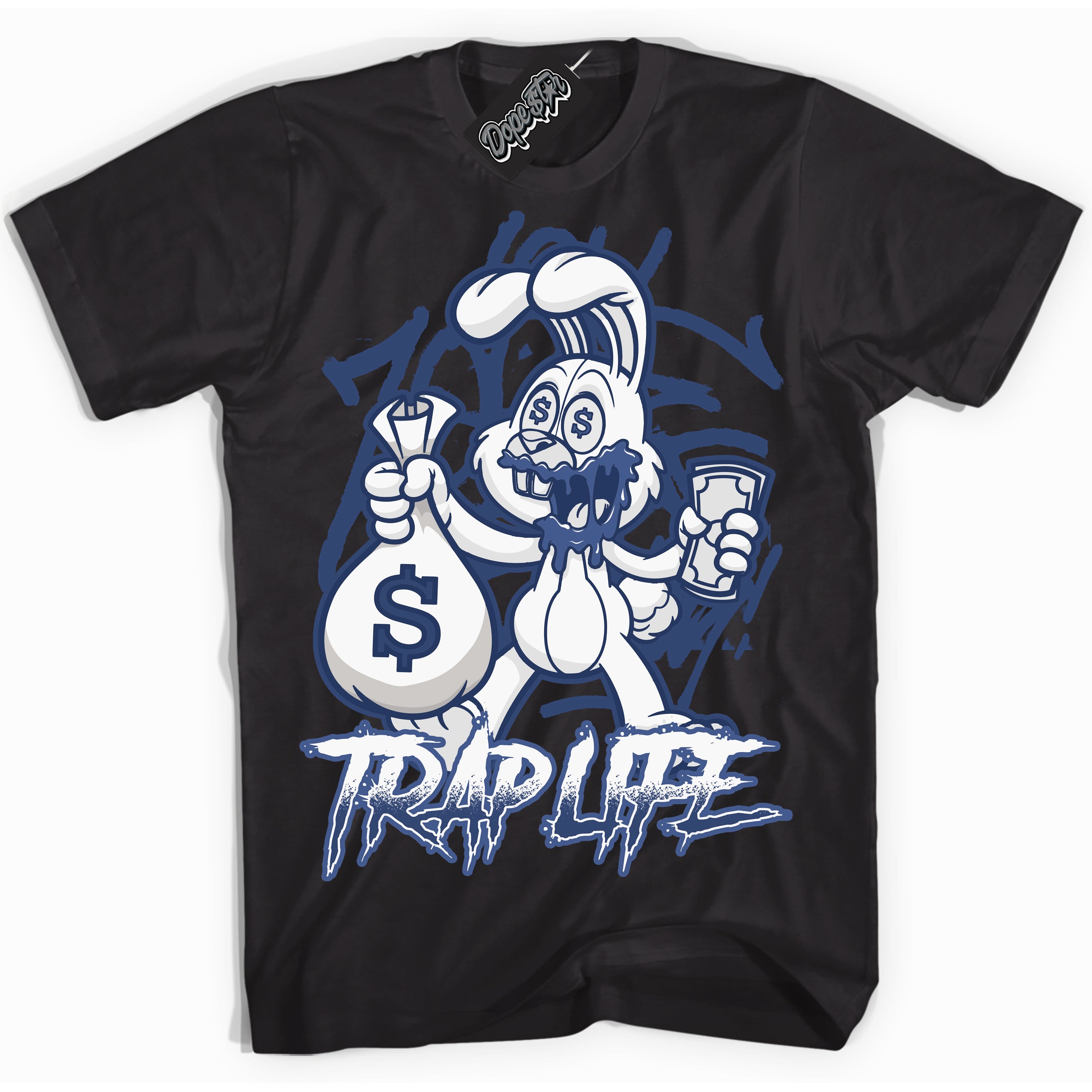 Cool Black Shirt with “ Trap Rabbit ” design that perfectly matches Diffused Blue 11s Jordans.