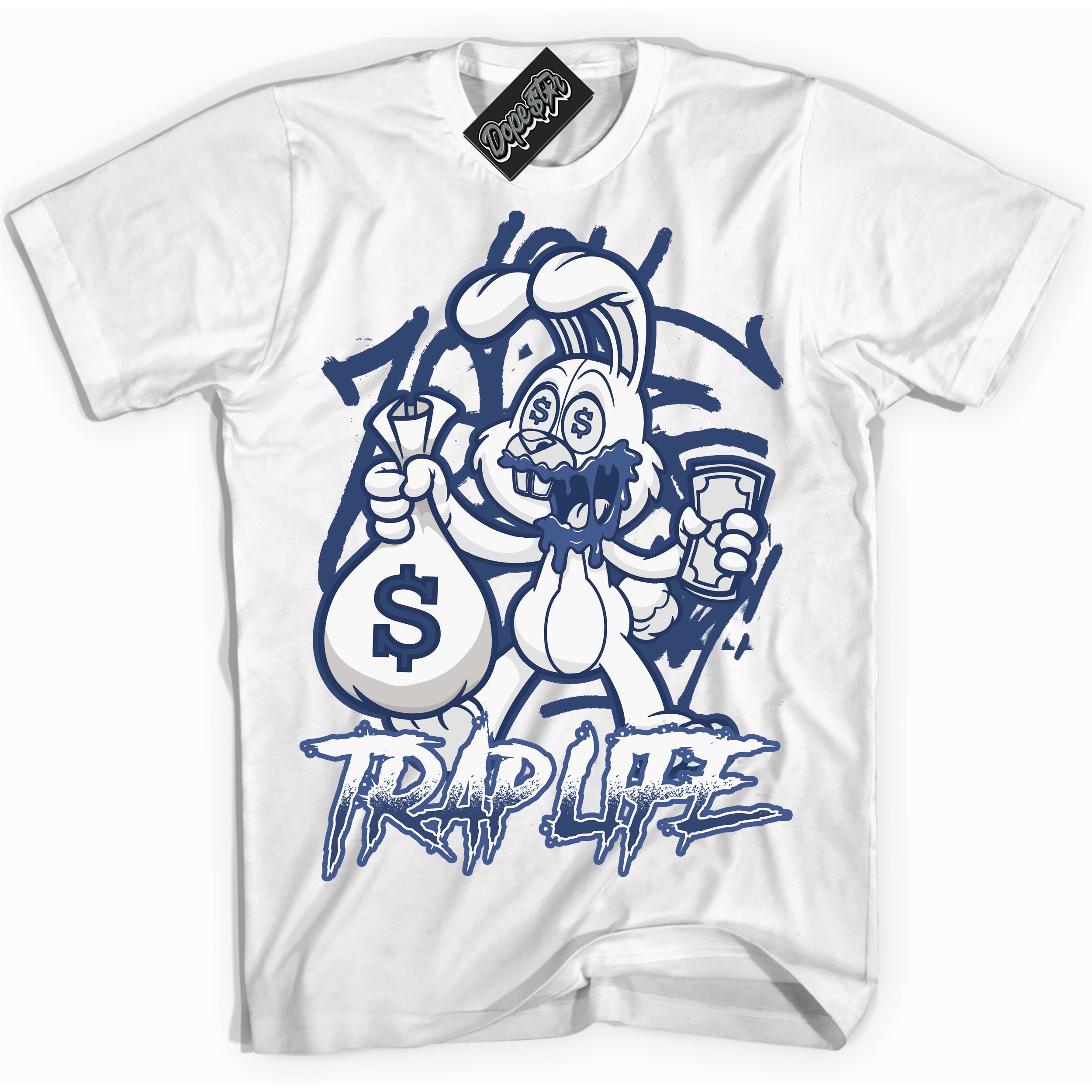 Cool White Shirt with “ Trap Rabbit ” design that perfectly matches Diffused Blue 11s Jordans.