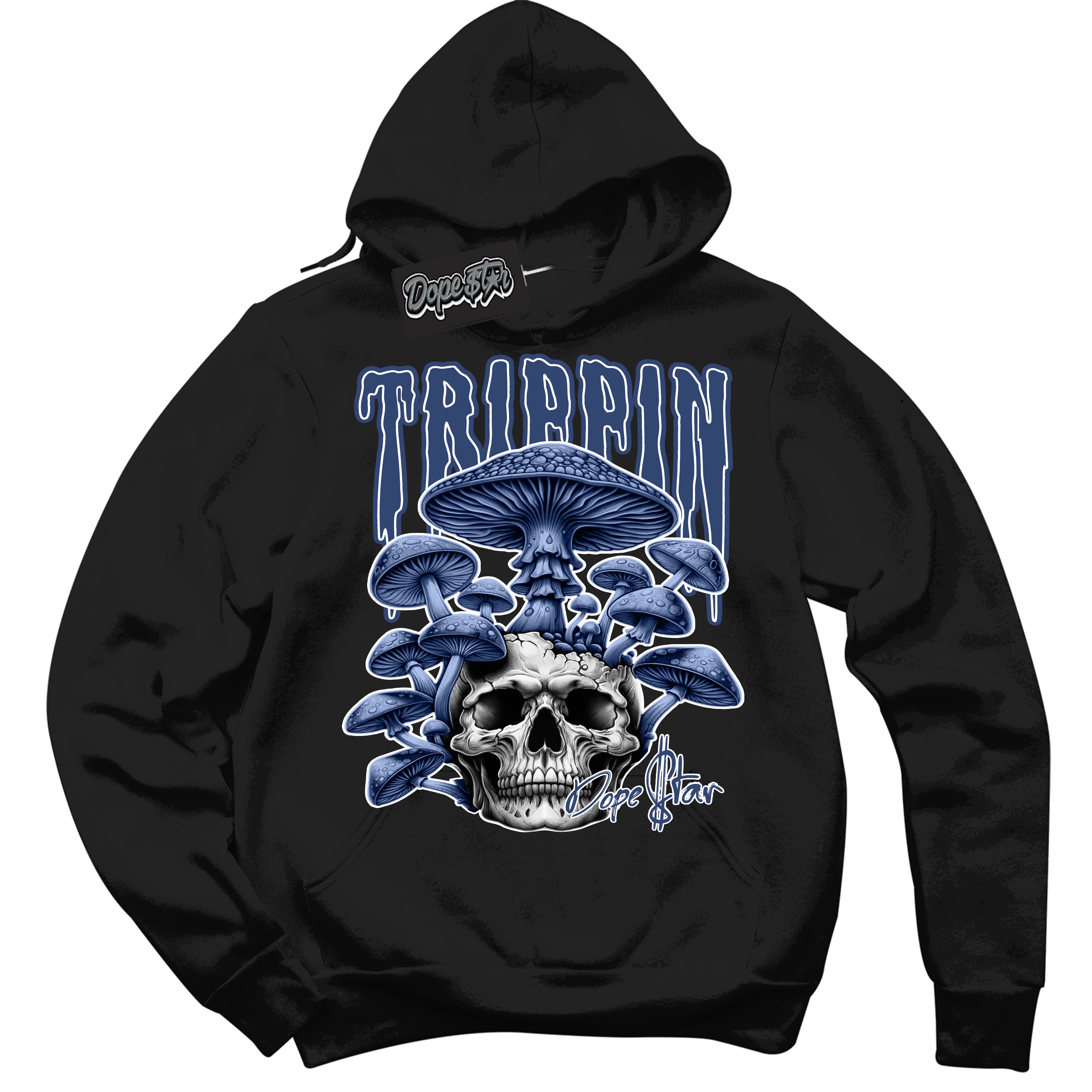 Cool Black Hoodie with “ Trippin ” design that Perfectly Matches Diffused Blue 11s Jordans.