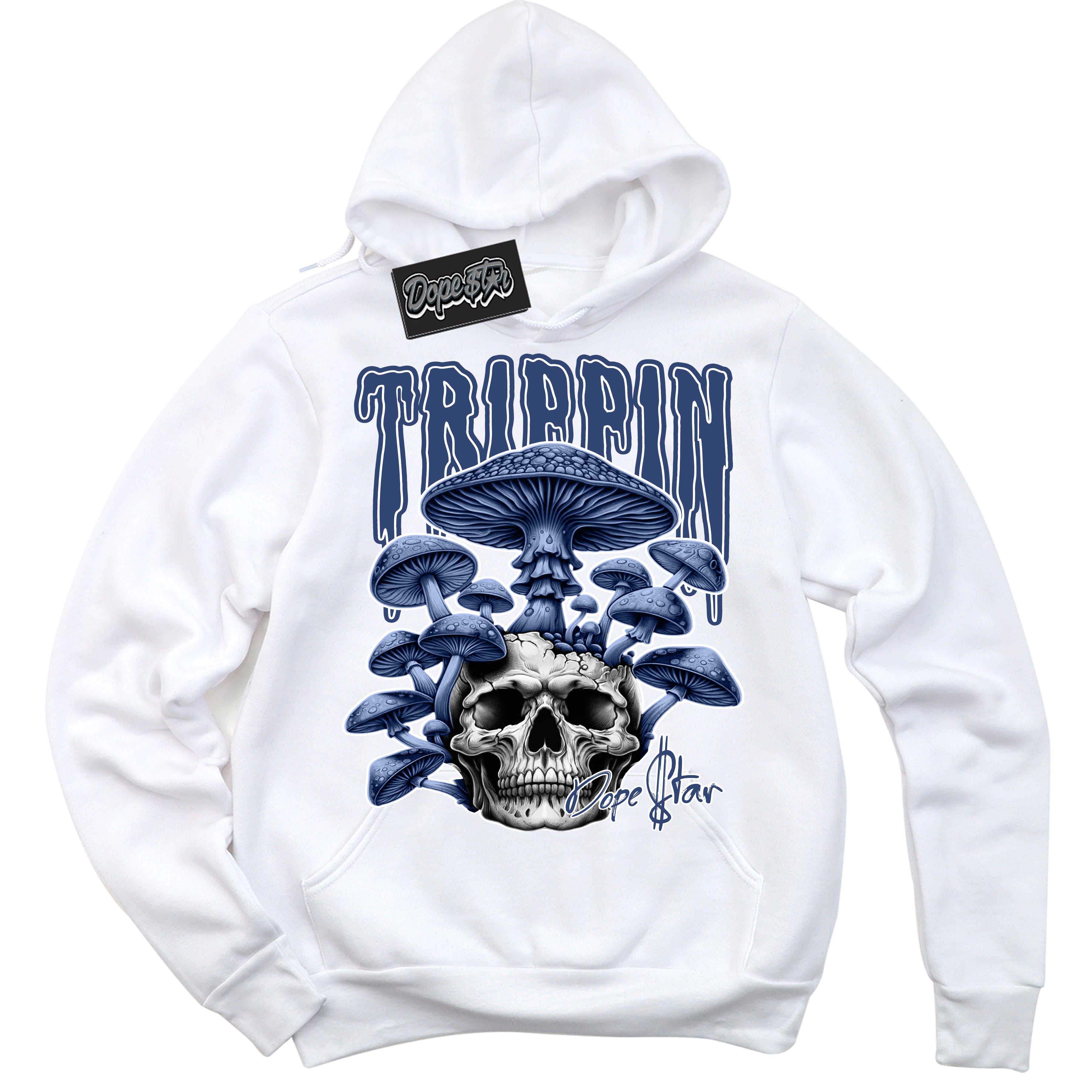 Cool White Hoodie with “ Trippin ” design that Perfectly Matches Diffused Blue 11s Jordans.