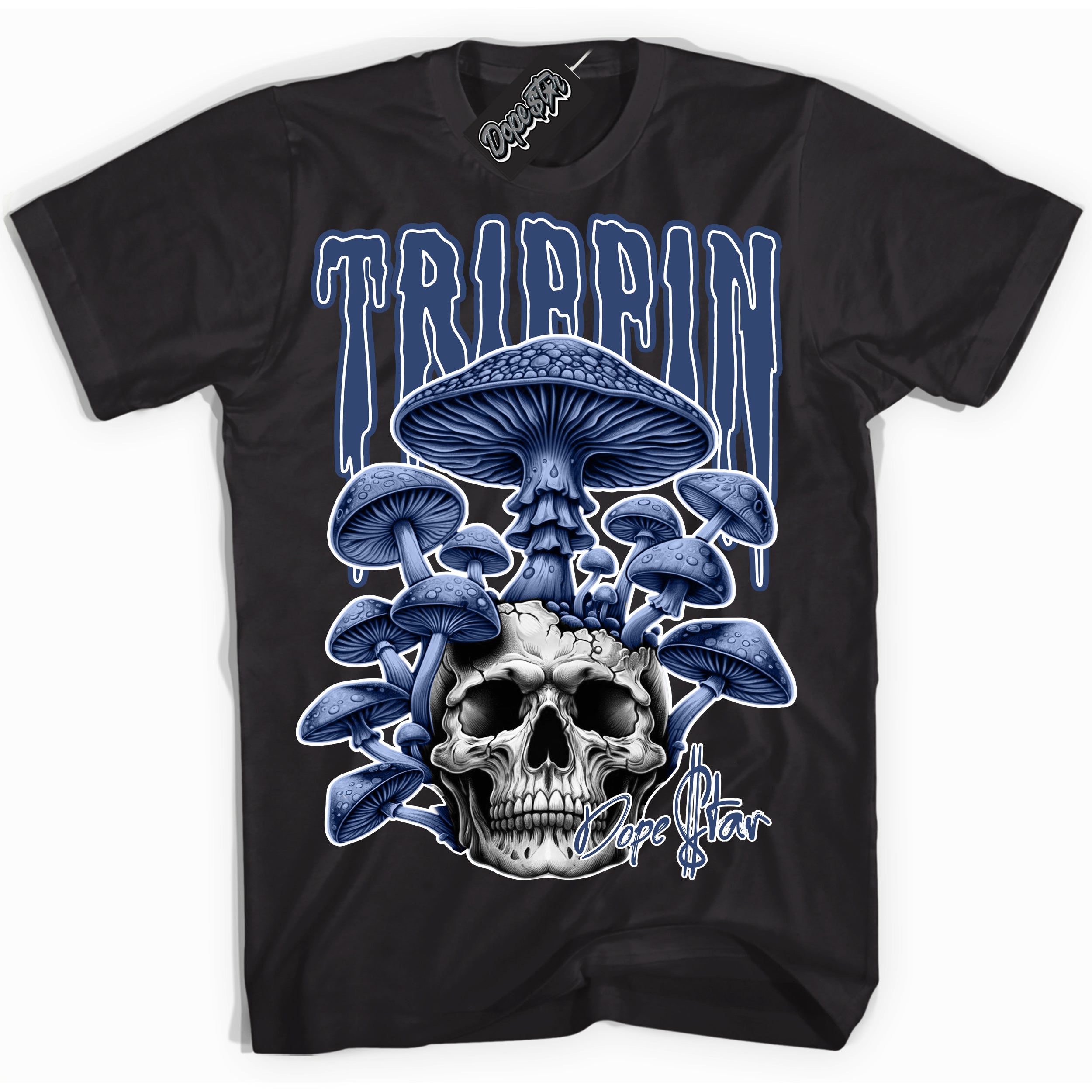 Cool Black Shirt with “ Trippin ” design that perfectly matches Diffused Blue 11s Jordans.