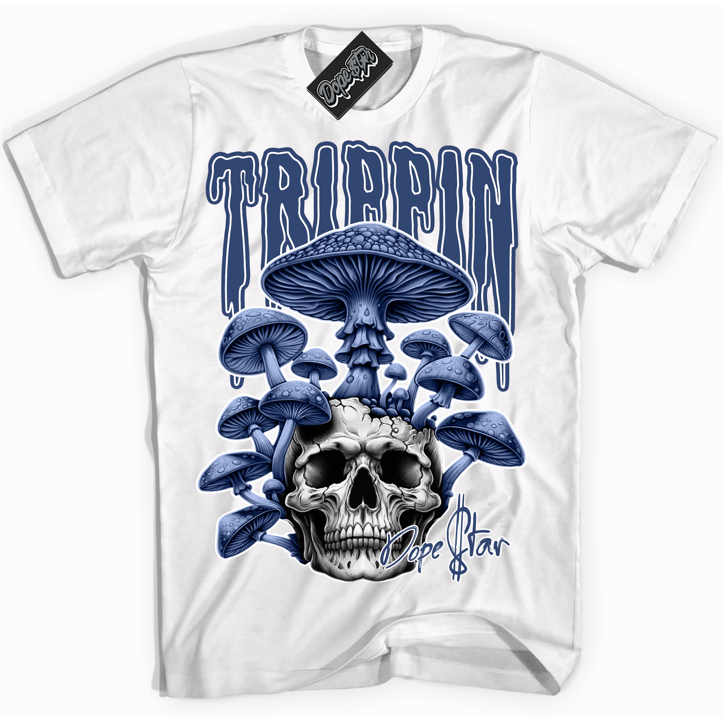 Cool White Shirt with “ Trippin ” design that perfectly matches Diffused Blue 11s Jordans.