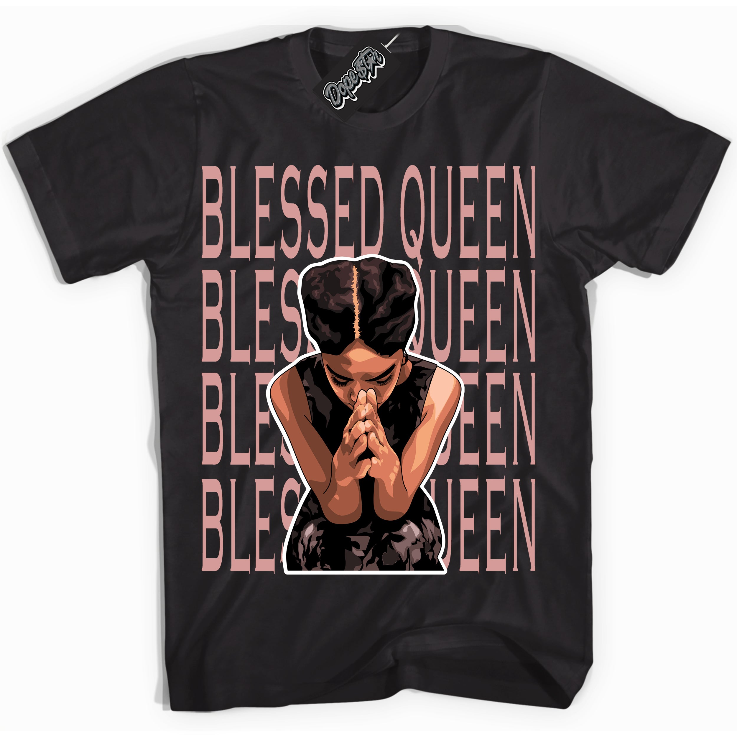 Cool Black Shirt with “ Blessed Queen ” design that perfectly matches Legend Pink 11s Jordans.
