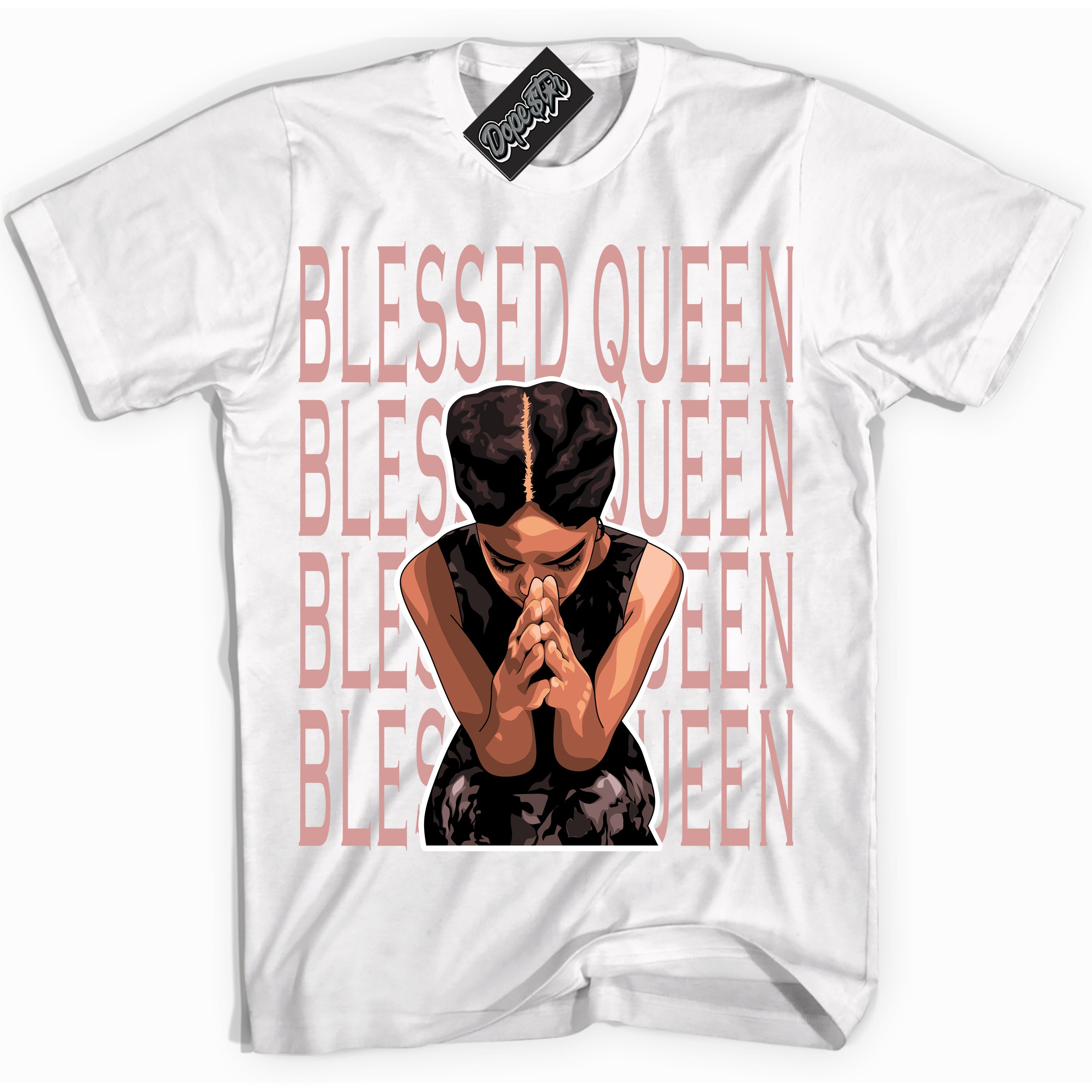 Cool White Shirt with “ Blessed Queen ” design that perfectly matches Legend Pink 11s Jordans.
