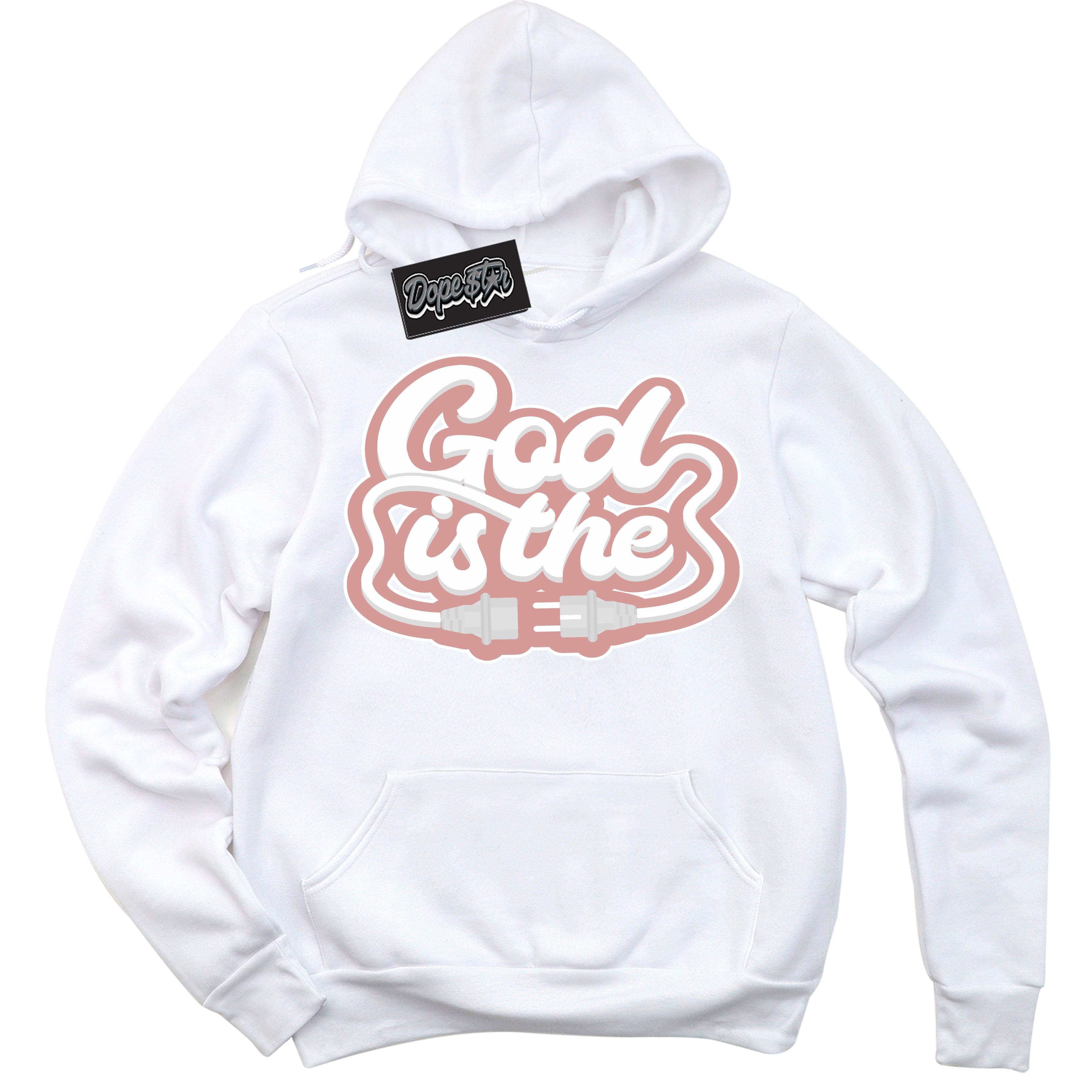 Cool White Hoodie with “ God Is The ”  design that Perfectly Matches Legend Pink 11s Jordans.
