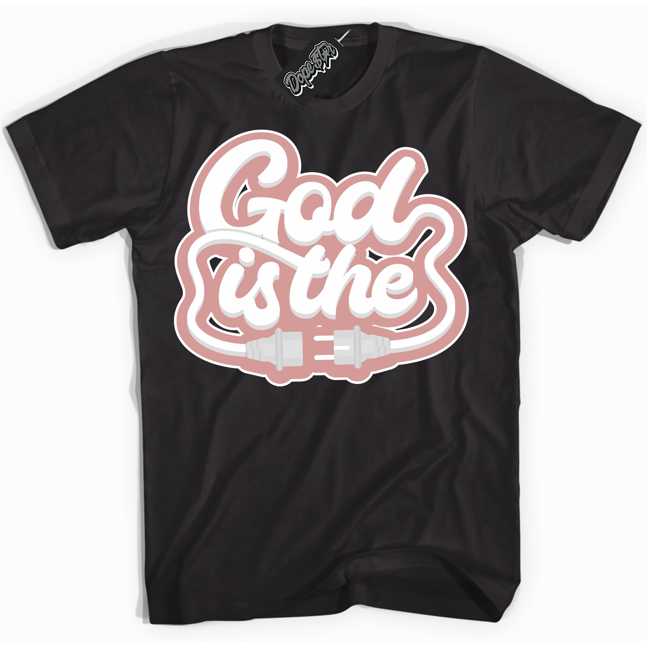 Cool Black Shirt with “ God Is The ” design that perfectly matches Legend Pink 11s Jordans.
