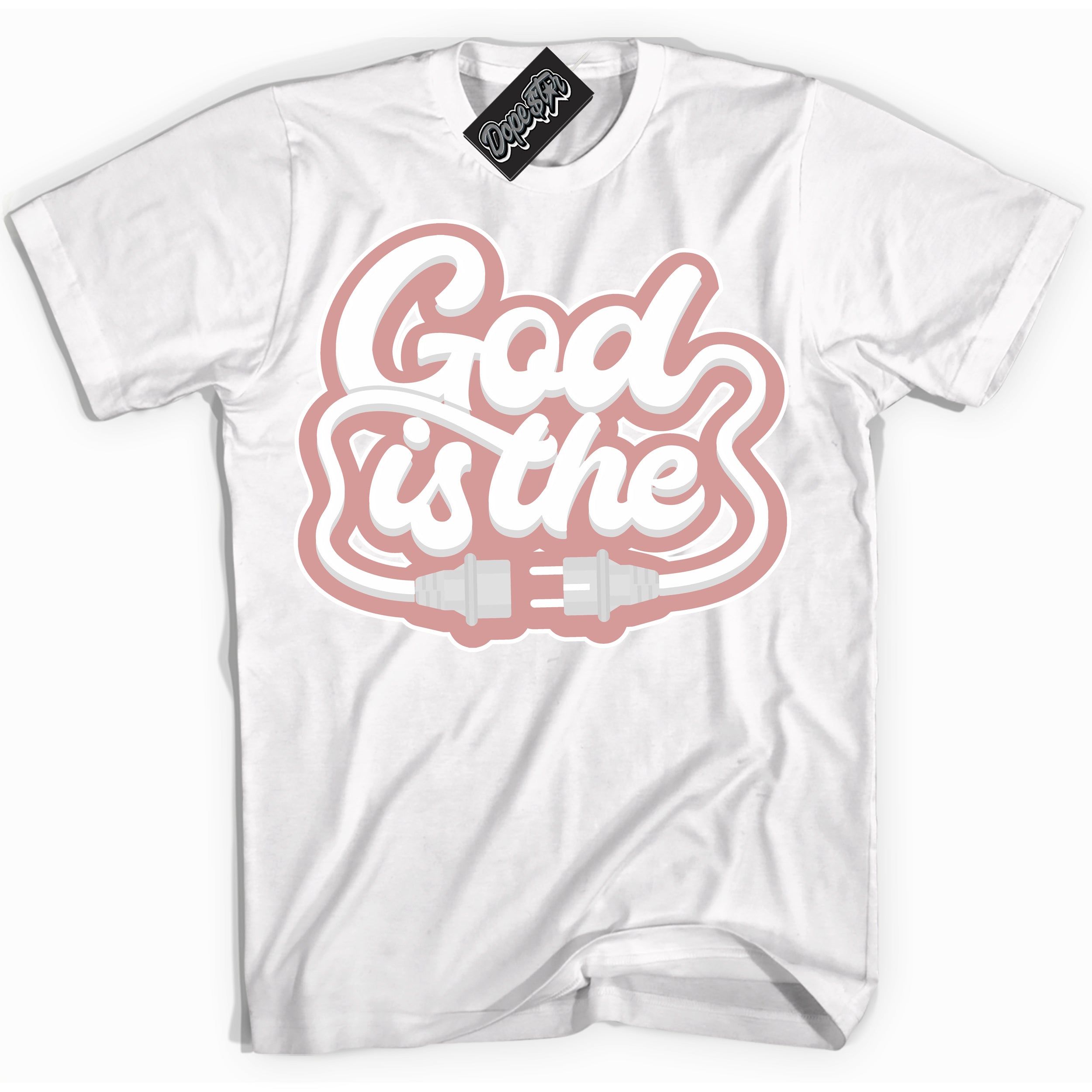 Cool White Shirt with “ God Is The ” design that perfectly matches Legend Pink 11s Jordans.
