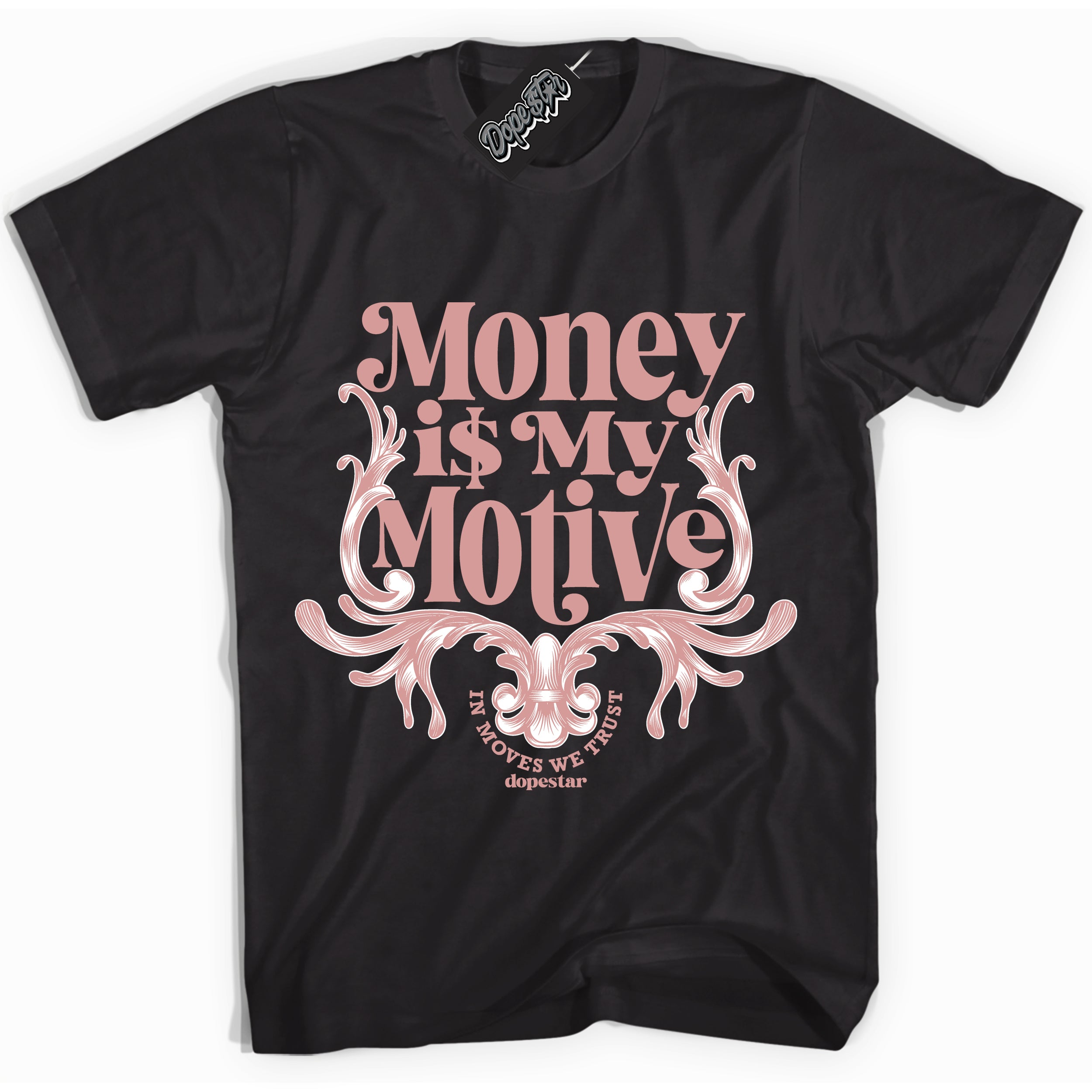 Cool Black Shirt with “Money Is My Motive” design that perfectly matches the Legend Pink 11s Sneakers.