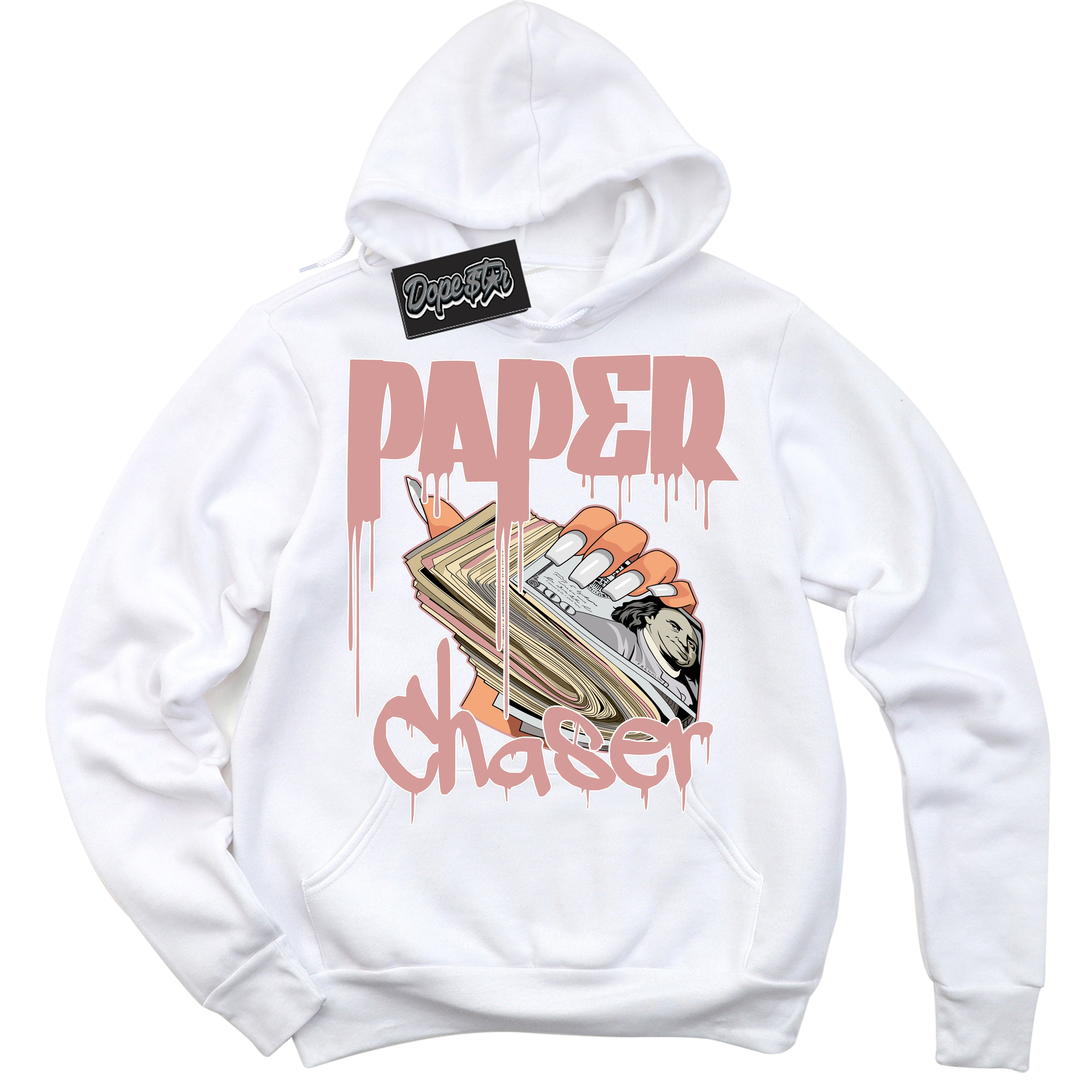 Cool White Hoodie with “ Paper Chaser ”  design that Perfectly Matches Legend Pink 11s Jordans.
