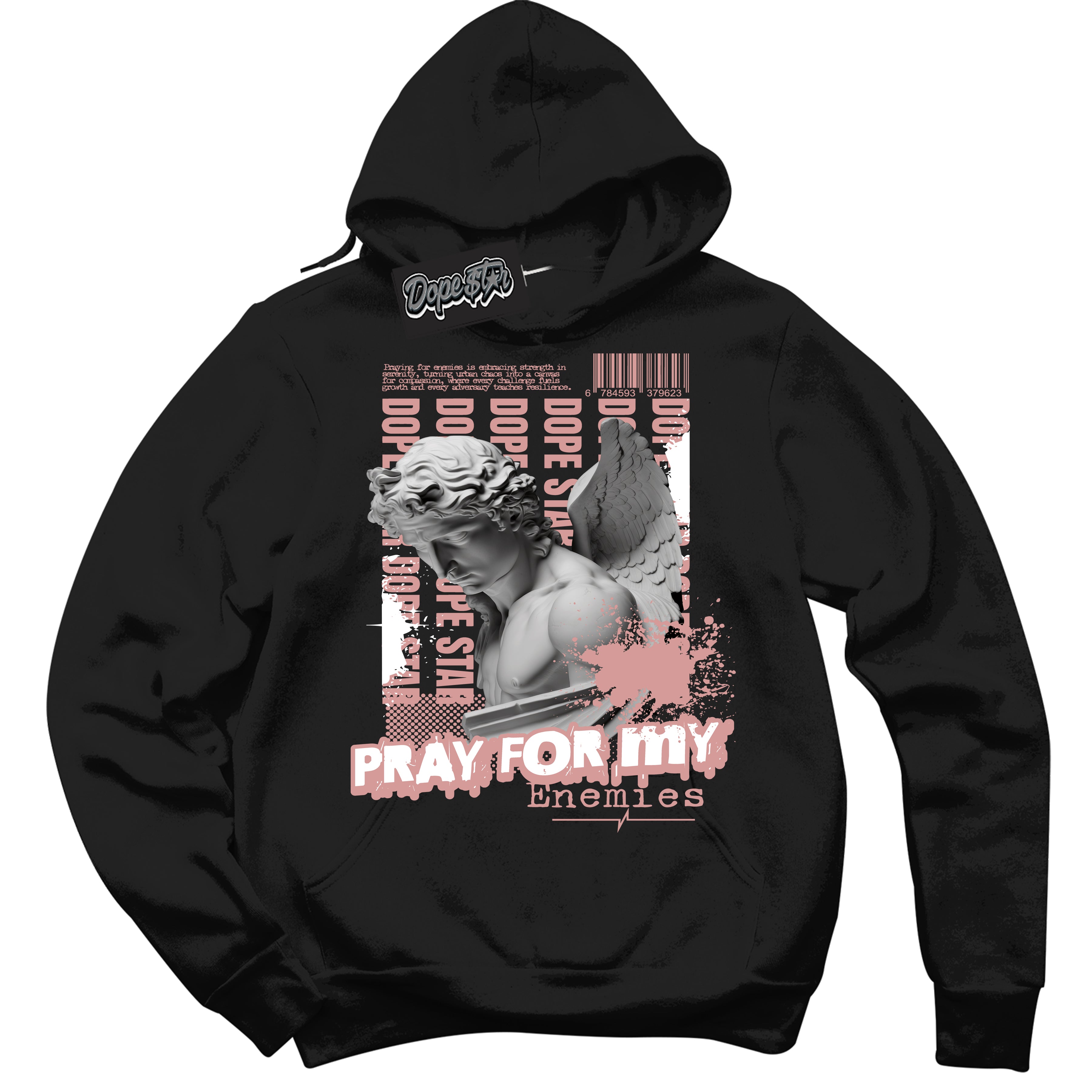 Cool Black Hoodie with “ Pray Enemies ”  design that Perfectly Matches Legend Pink 11s Sneakers.