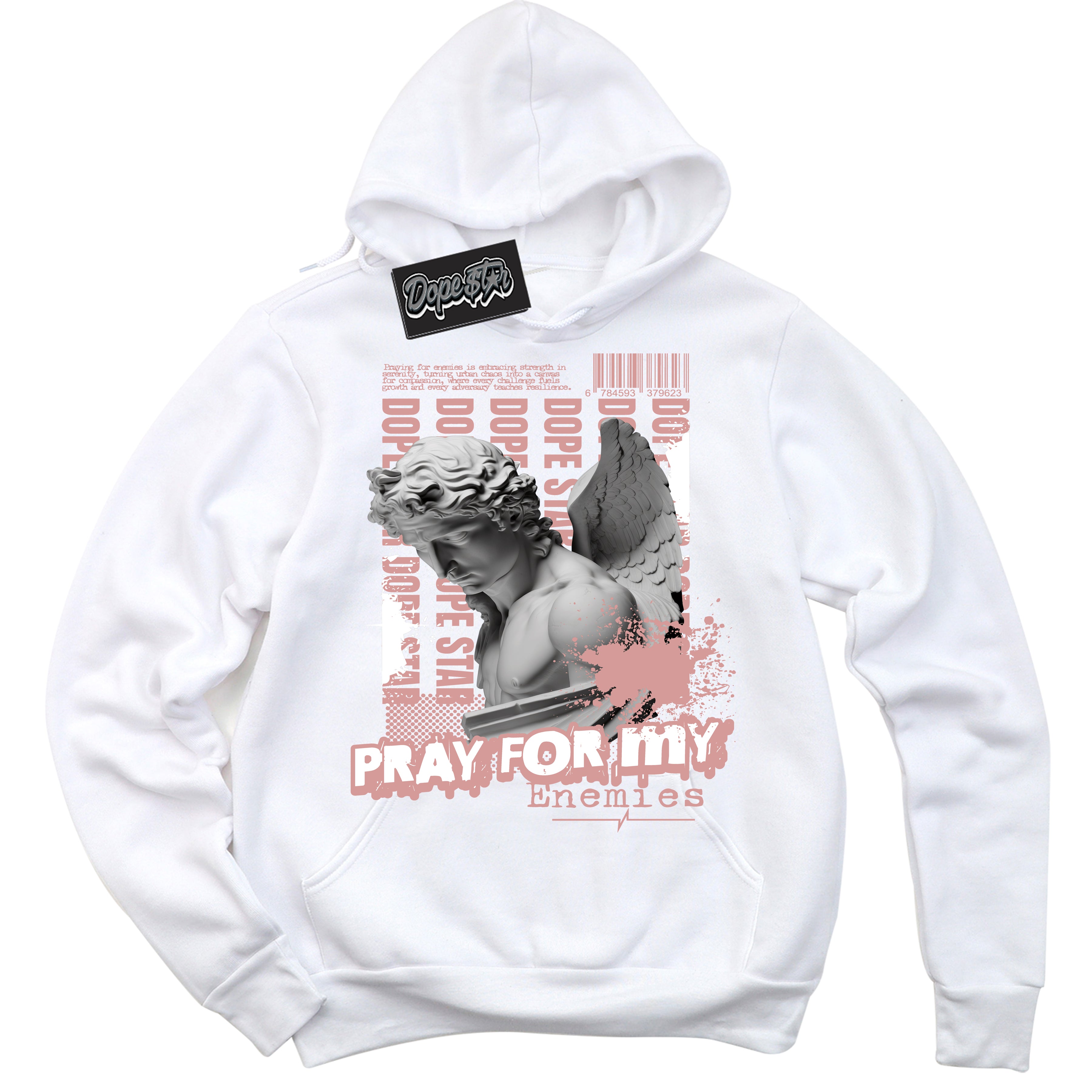 Cool White Hoodie with “ Pray Enemies ”  design that Perfectly Matches Legend Pink 11s Sneakers.