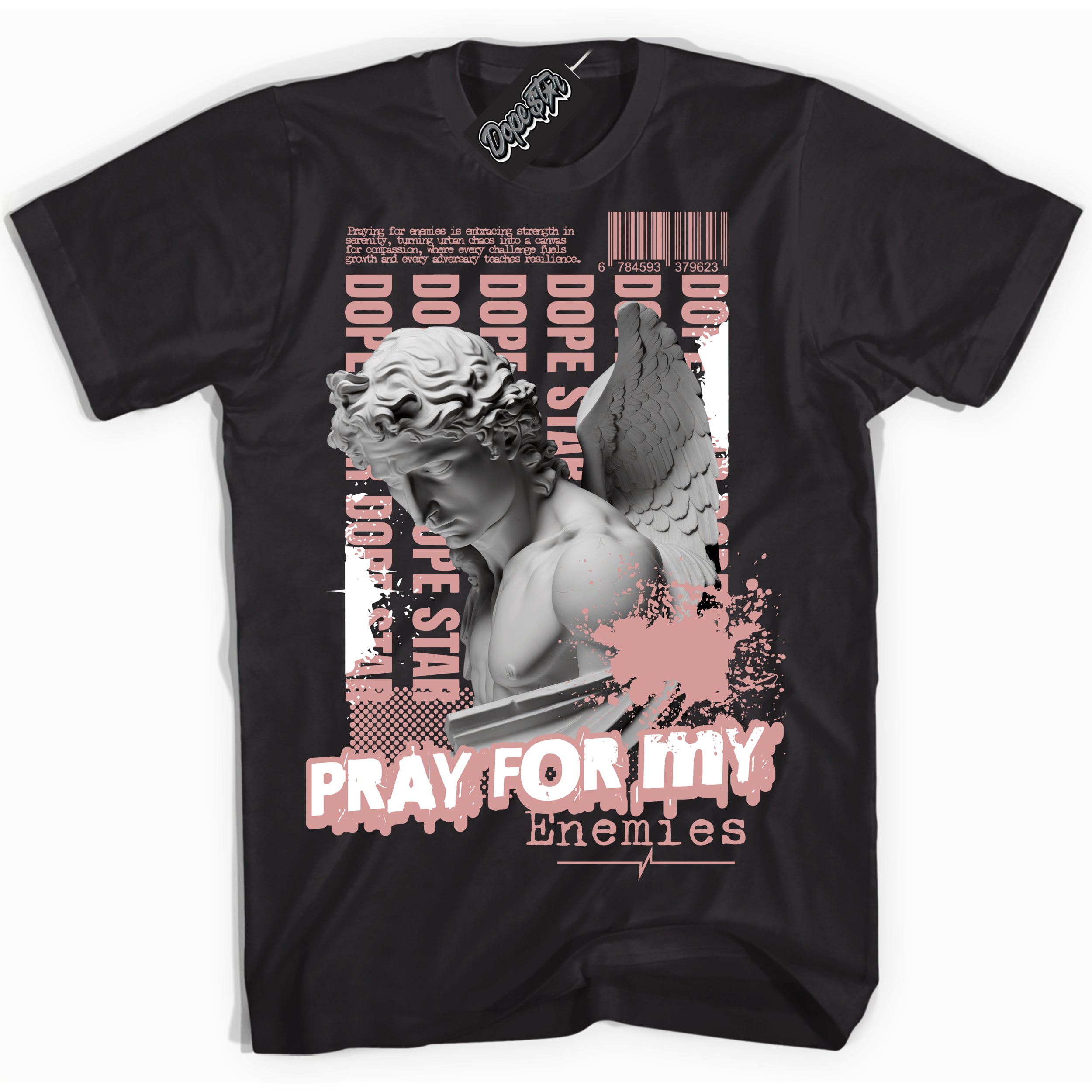 Cool Black Shirt with “ Pray Enemies” design that perfectly matches Legend Pink 11s Sneakers.