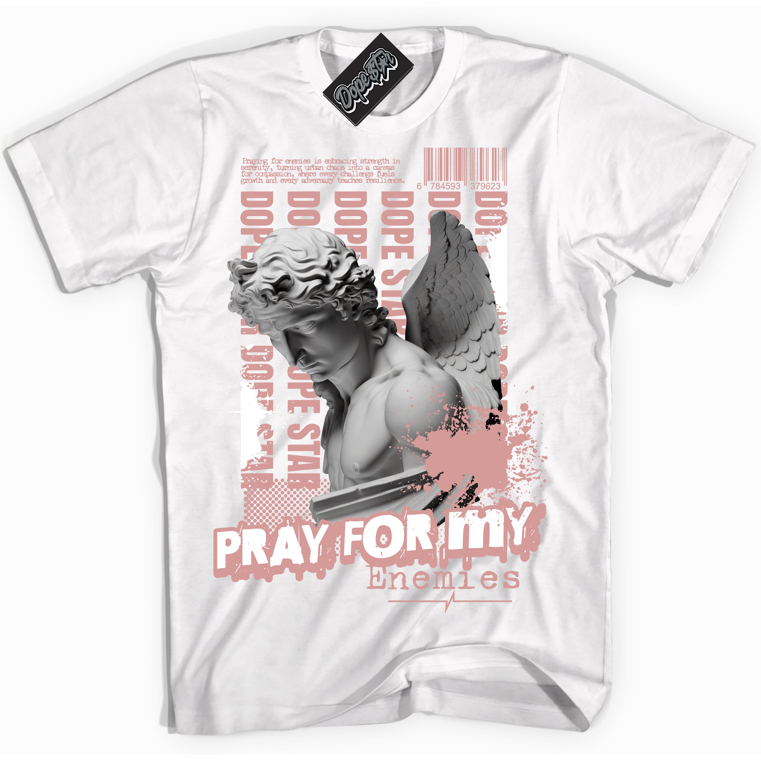 Cool White Shirt with “ Pray Enemies” design that perfectly matches Legend Pink 11s Sneakers.