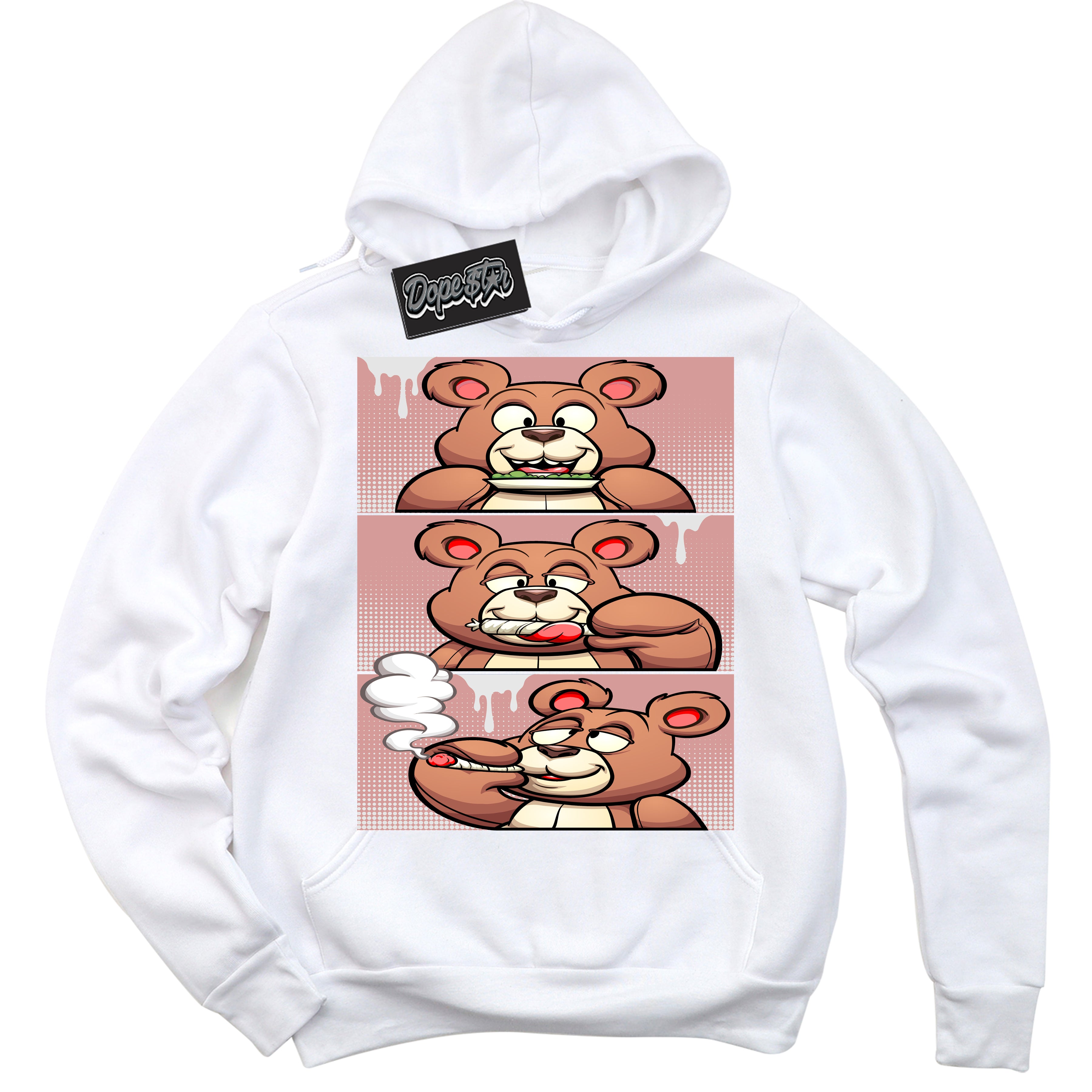 Cool White Hoodie with “ Roll It Lick It Smoke It Bear ”  design that Perfectly Matches Legend Pink 11s Jordans.
