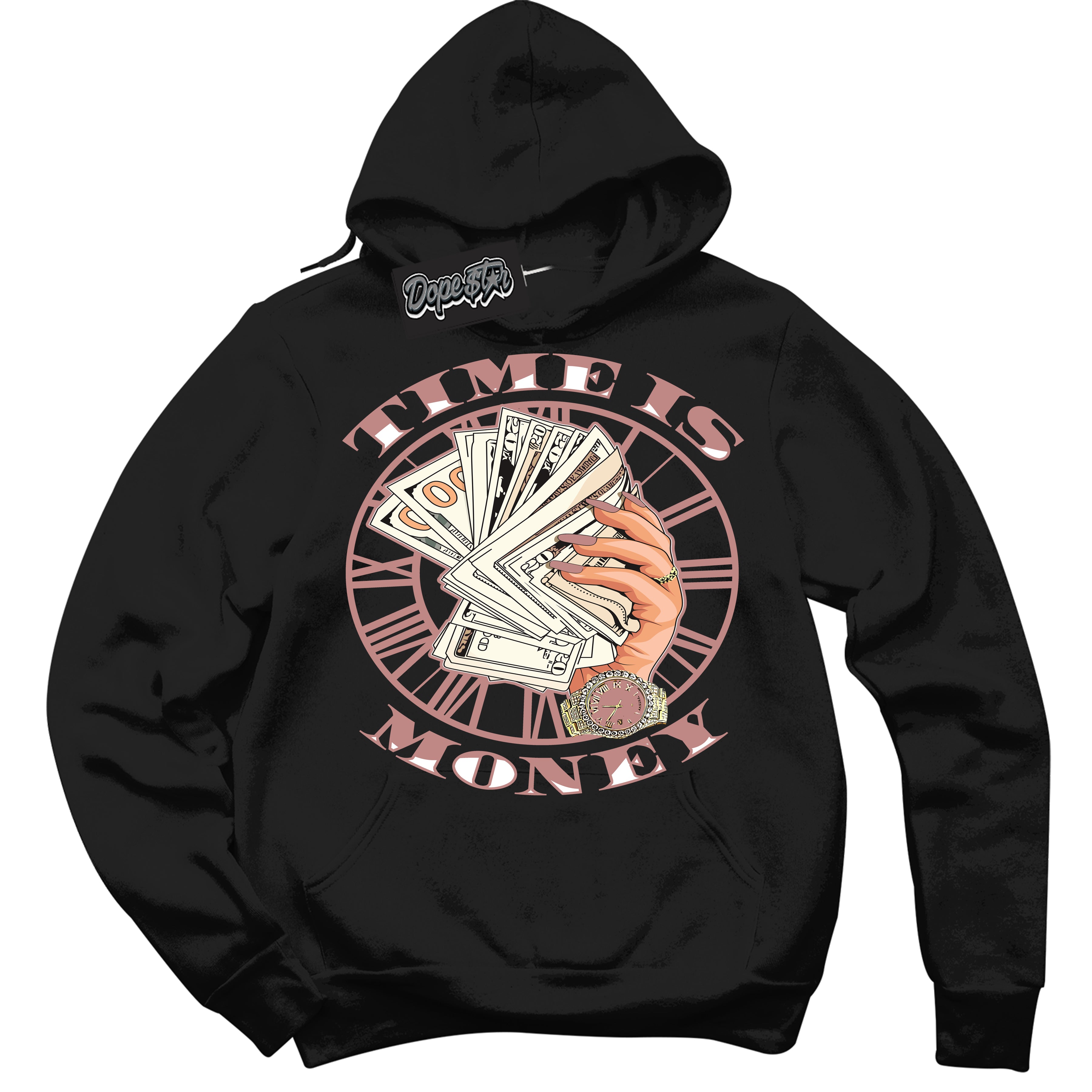 Cool Black Hoodie with “ Time Is Money ”  design that Perfectly Matches Legend Pink 11s Jordans.
