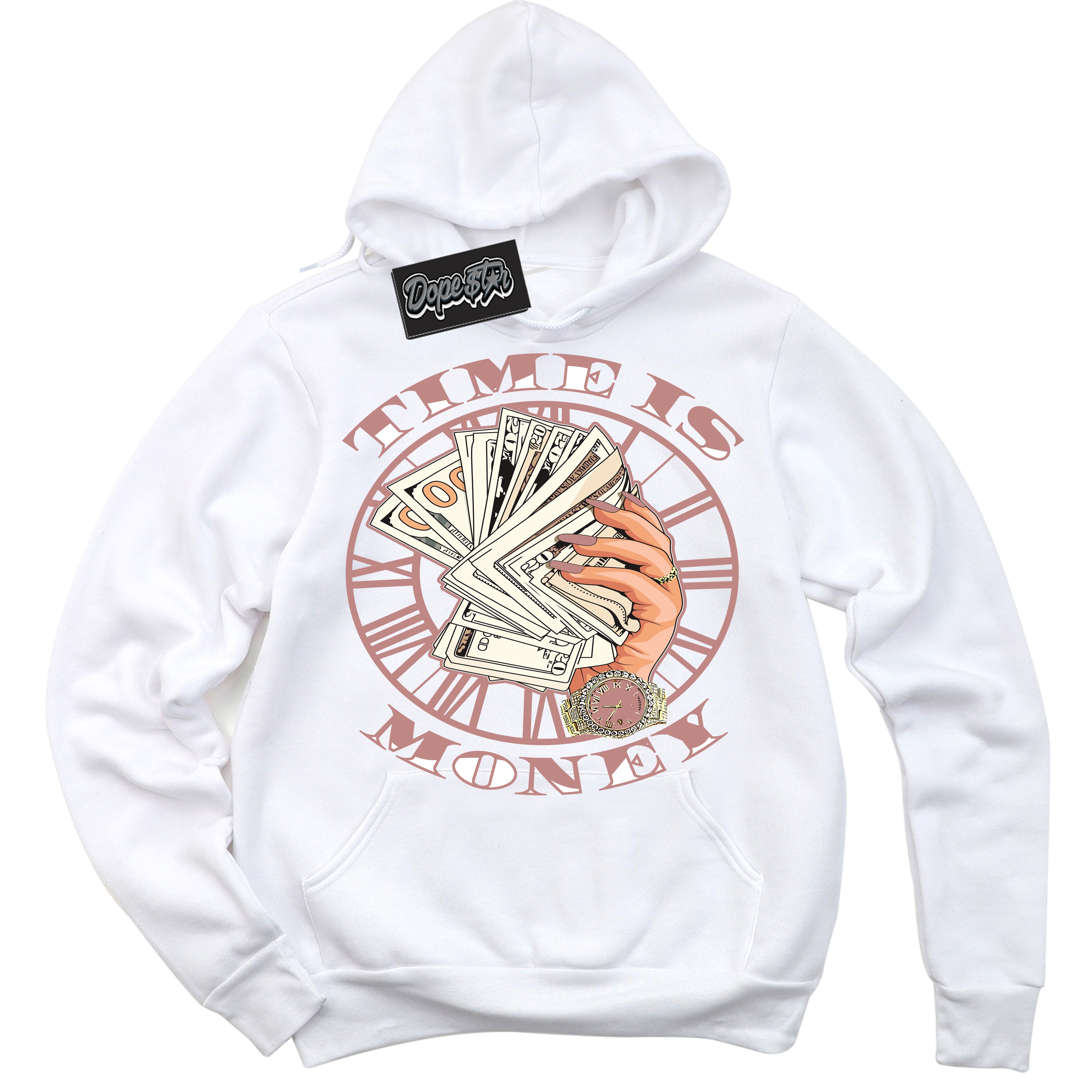 Cool White Hoodie with “ Time Is Money ”  design that Perfectly Matches Legend Pink 11s Jordans.
