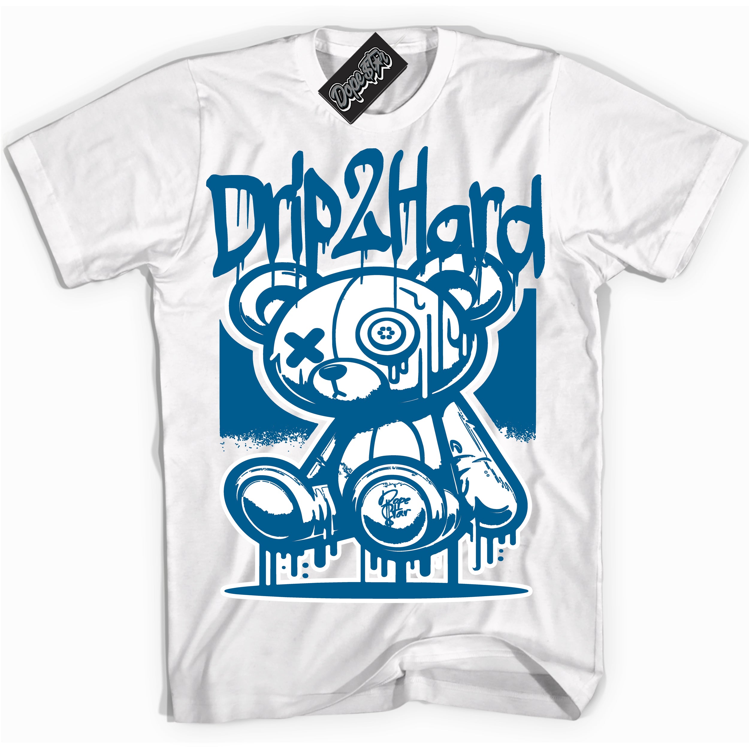 Cool White graphic tee with “ Drip 2 Hard ” design, that perfectly matches Marina Blue 11s