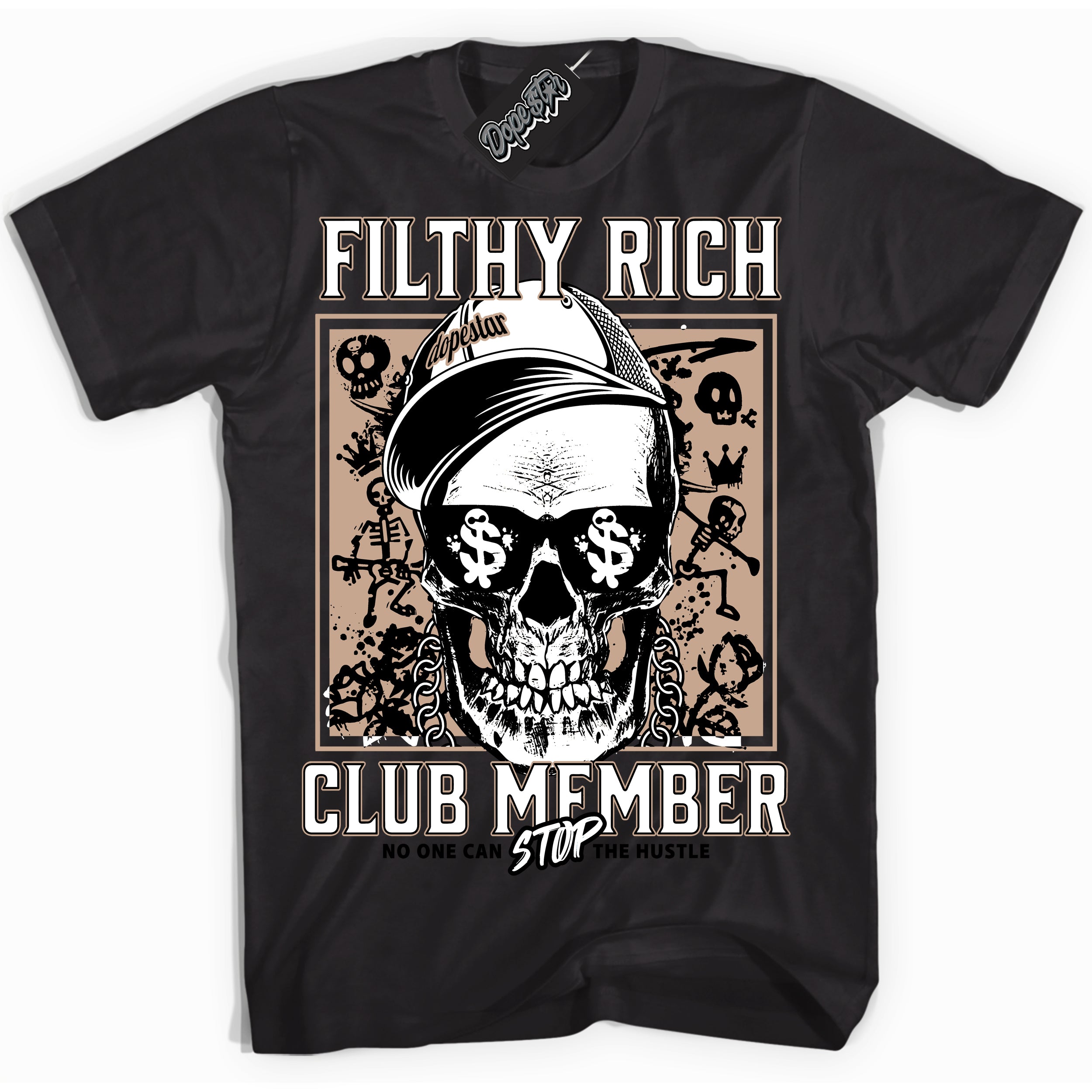 Cool Black Shirt with “ Filthy Rich” design that perfectly matches Neapolitan 11s Sneakers.