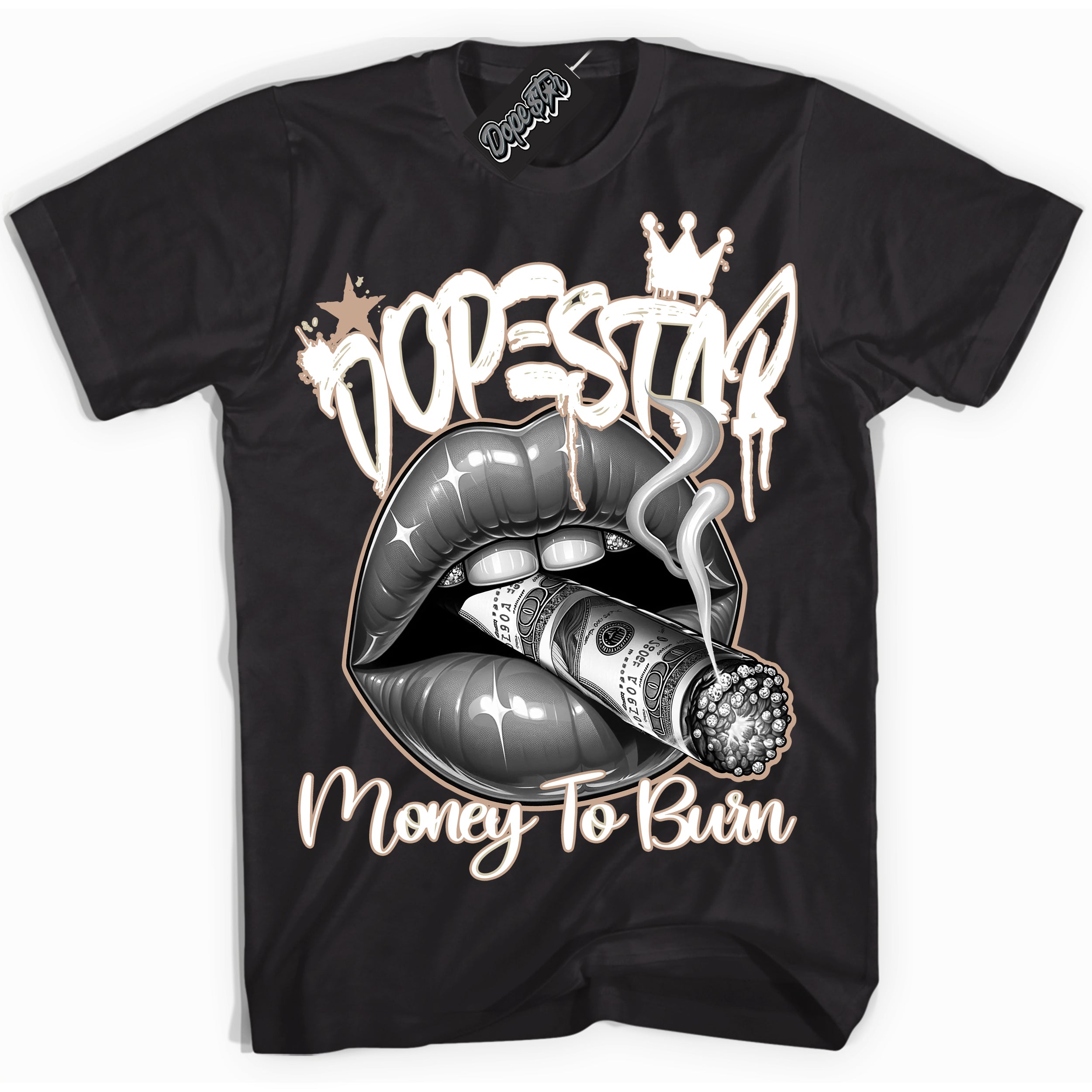 Cool Black Shirt with “ Money To Burn” design that perfectly matches Neapolitan 11s Sneakers.