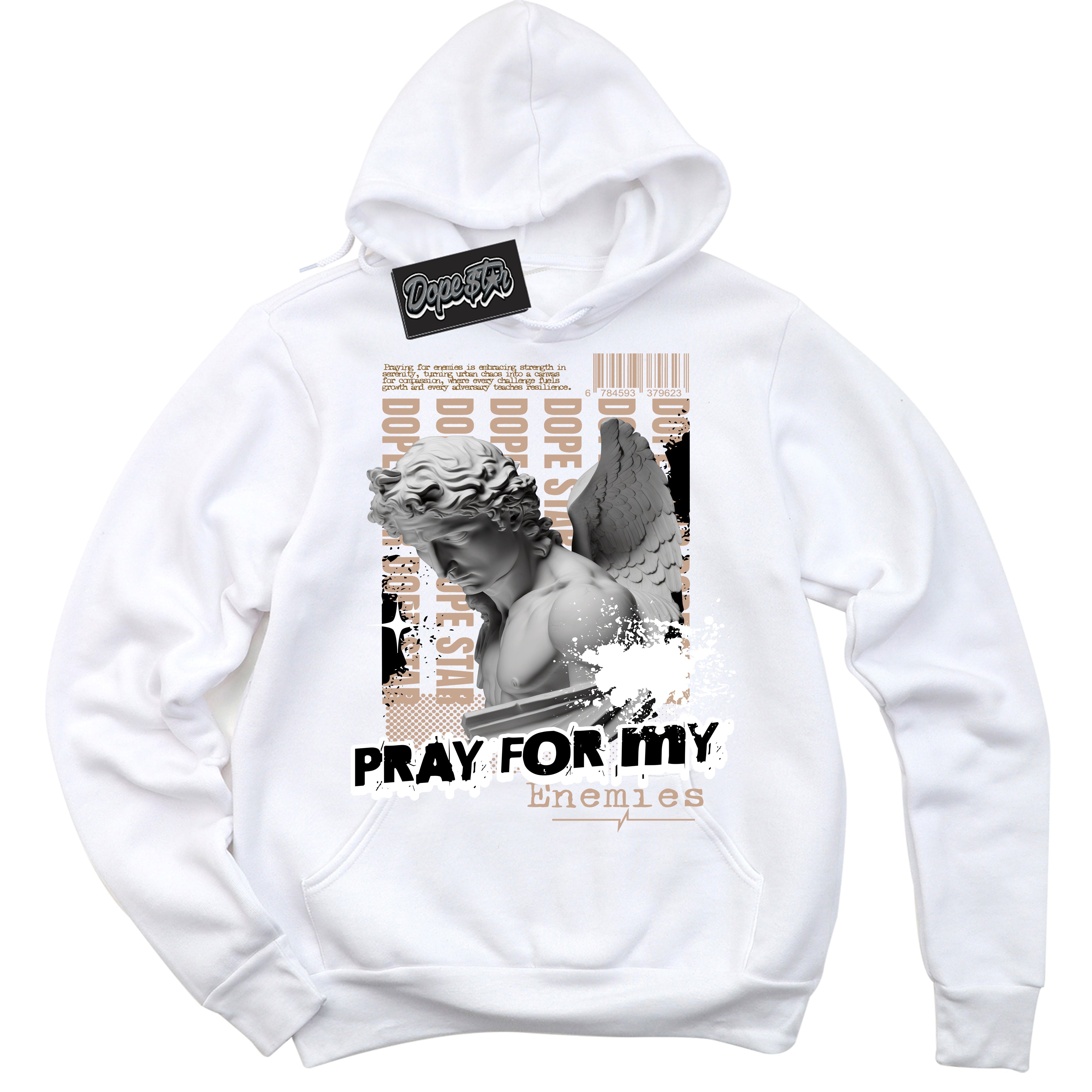 Cool White Hoodie with “ Pray Enemies ”  design that Perfectly Matches Neapolitan 11s Sneakers.