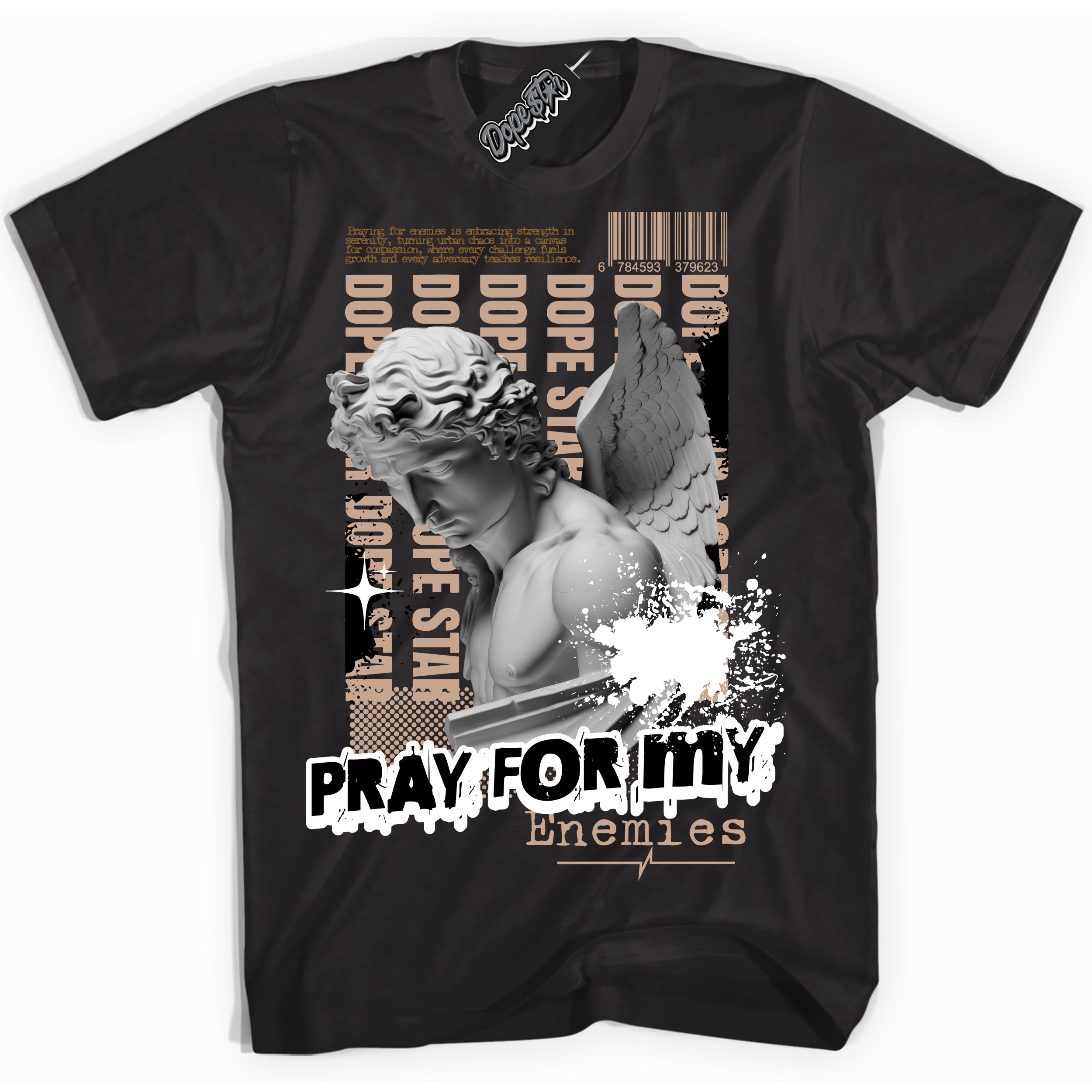 Cool Black Shirt with “ Pray Enemies” design that perfectly matches Neapolitan 11s Sneakers.