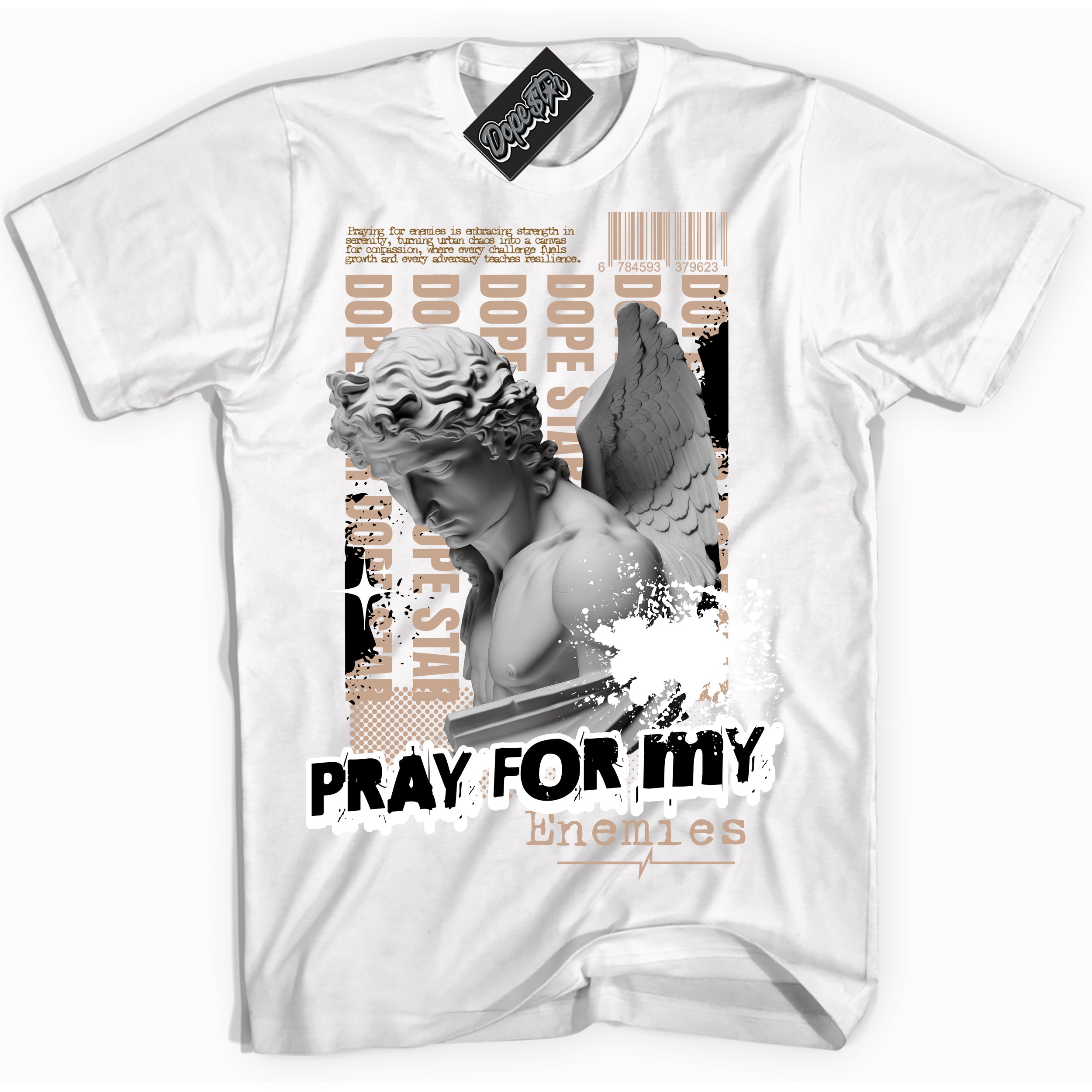 Cool White Shirt with “ Pray Enemies” design that perfectly matches Neapolitan 11s Sneakers.