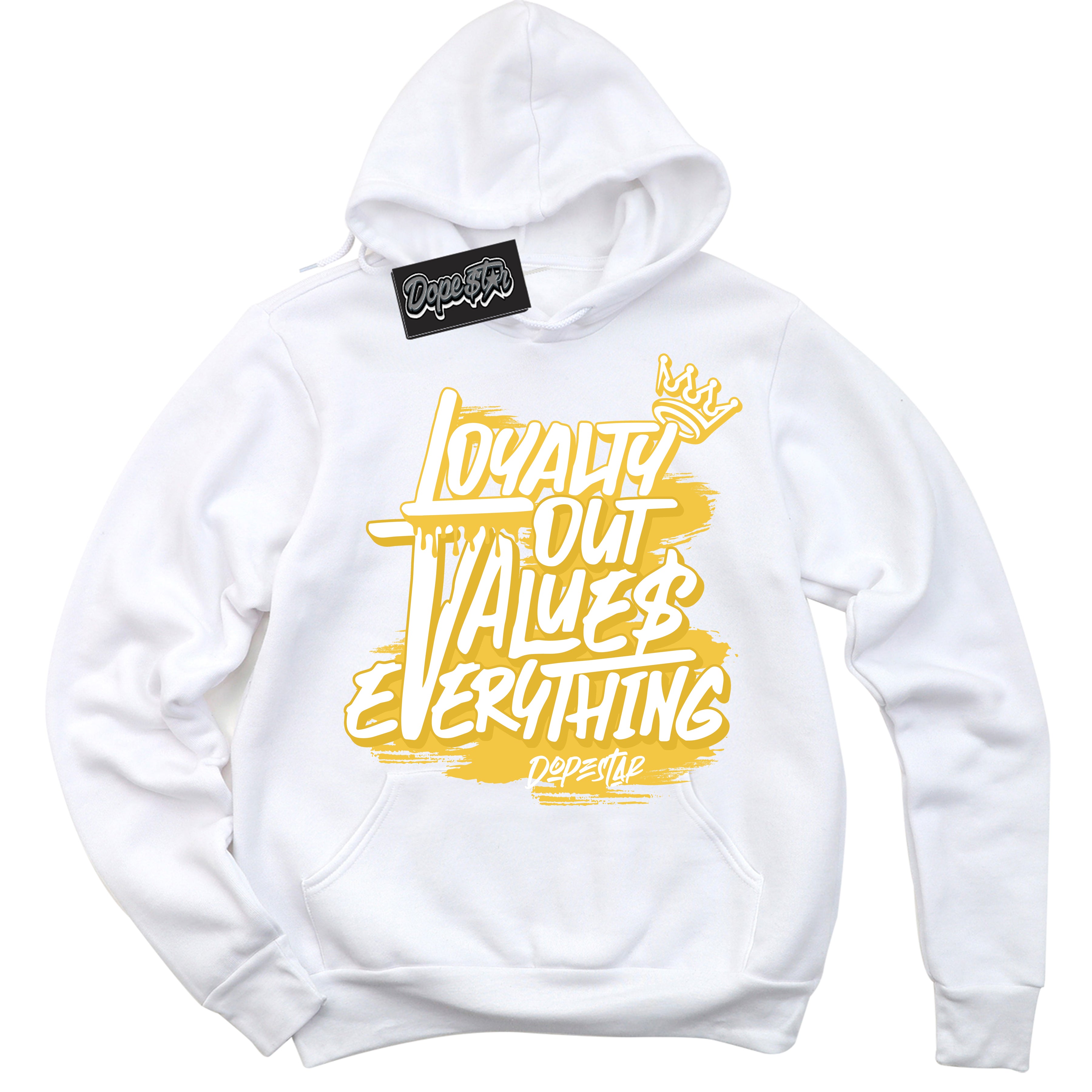 Cool White Hoodie with “ Loyalty Out Values Everything ”  design that Perfectly Matches Tour Yellow Snakeskin 11s Sneakers.