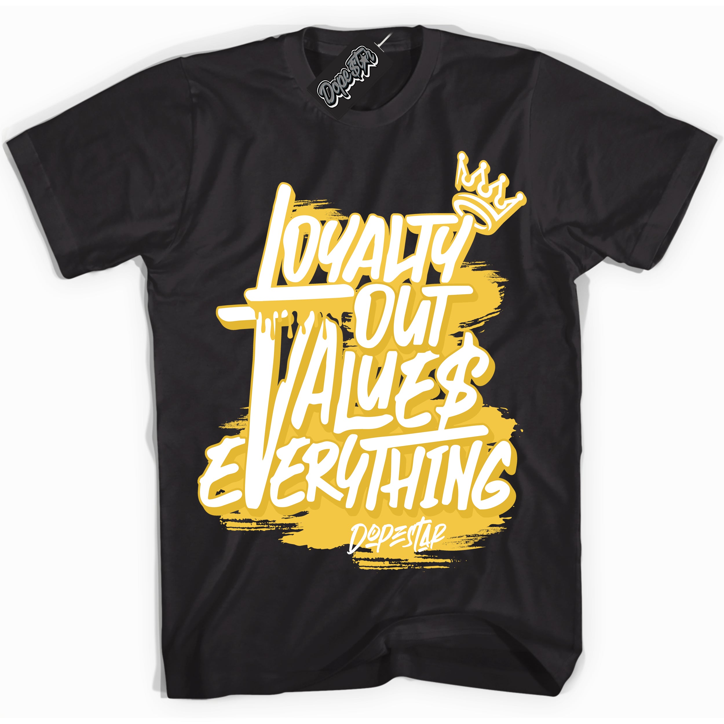 Cool Black Shirt with “ Loyalty Out Values Everything” design that perfectly matches Tour Yellow Snakeskin 11s Sneakers.