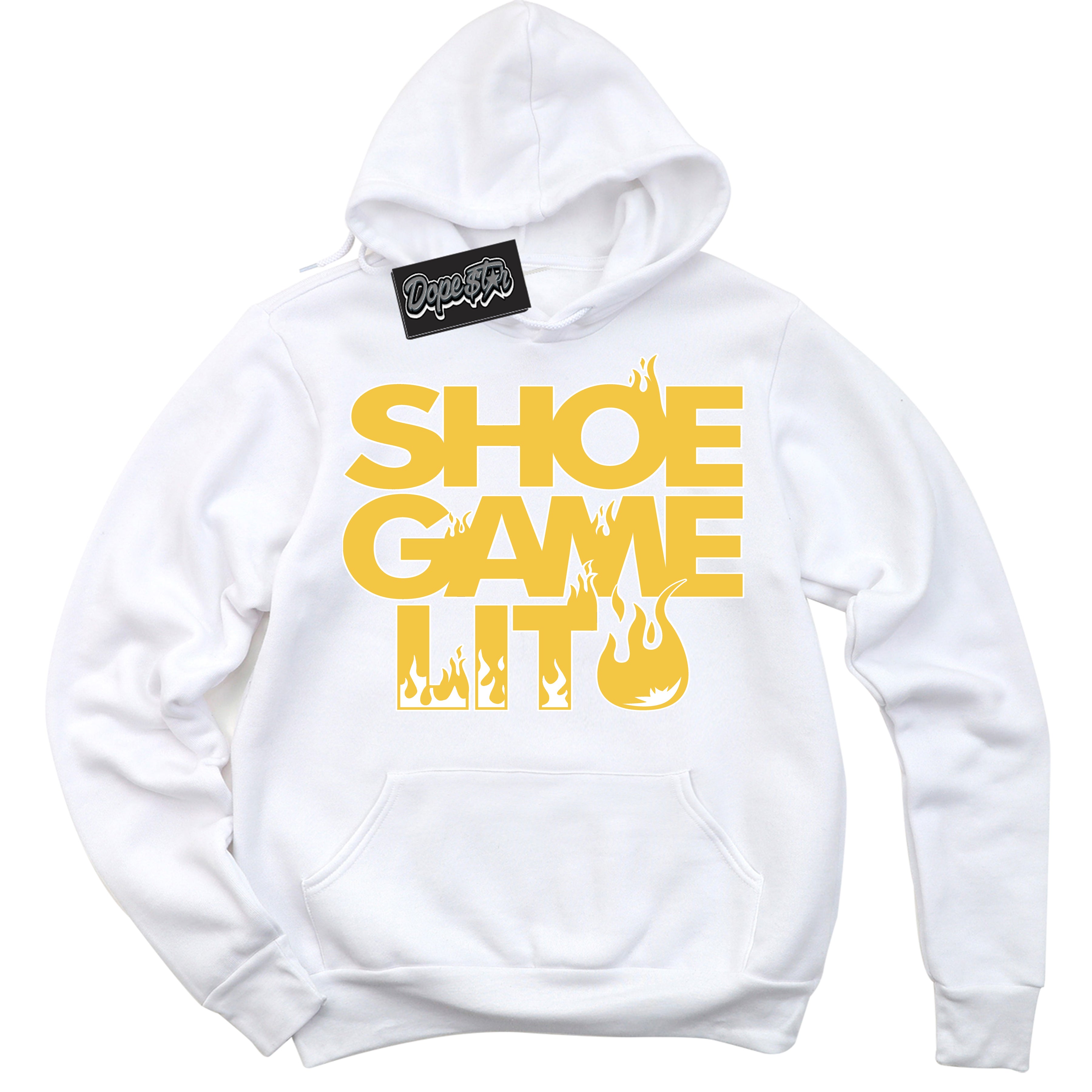 Cool White Hoodie with “ Shoe Game Lit ”  design that Perfectly Matches  Tour Yellow Snakeskin 11s Sneakers.