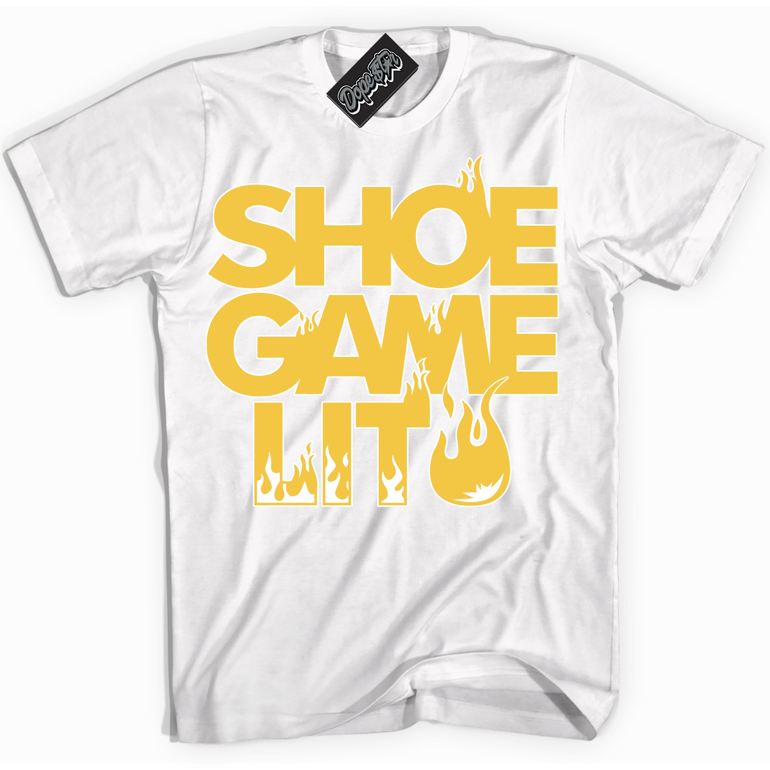 Cool White Shirt with “ Shoe Game Lit ” design that perfectly matches Tour Yellow Snakeskin 11s Sneakers.