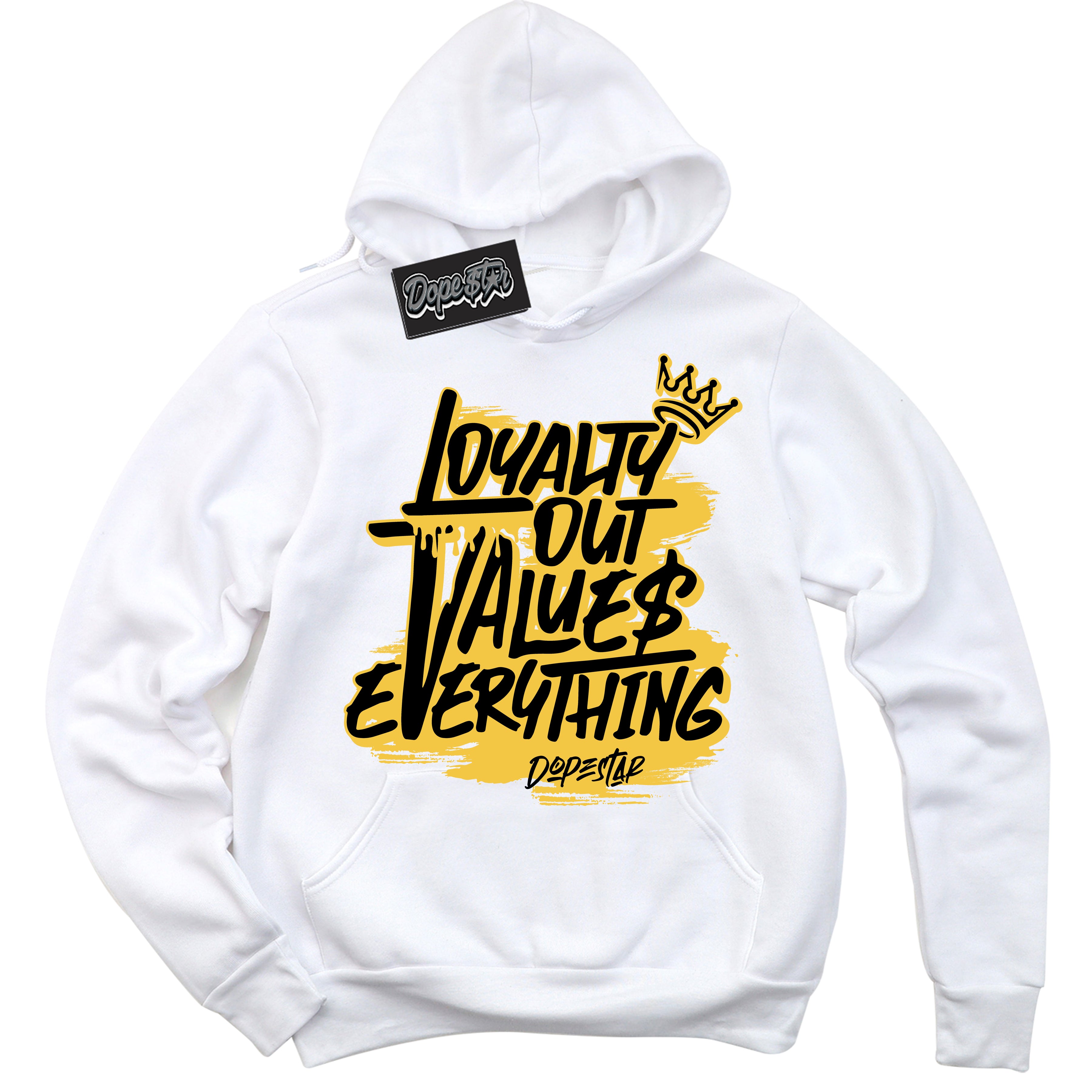 Cool White Hoodie with “ Loyalty Out Values Everything ”  design that Perfectly Matches Black Taxi 12s Sneakers.