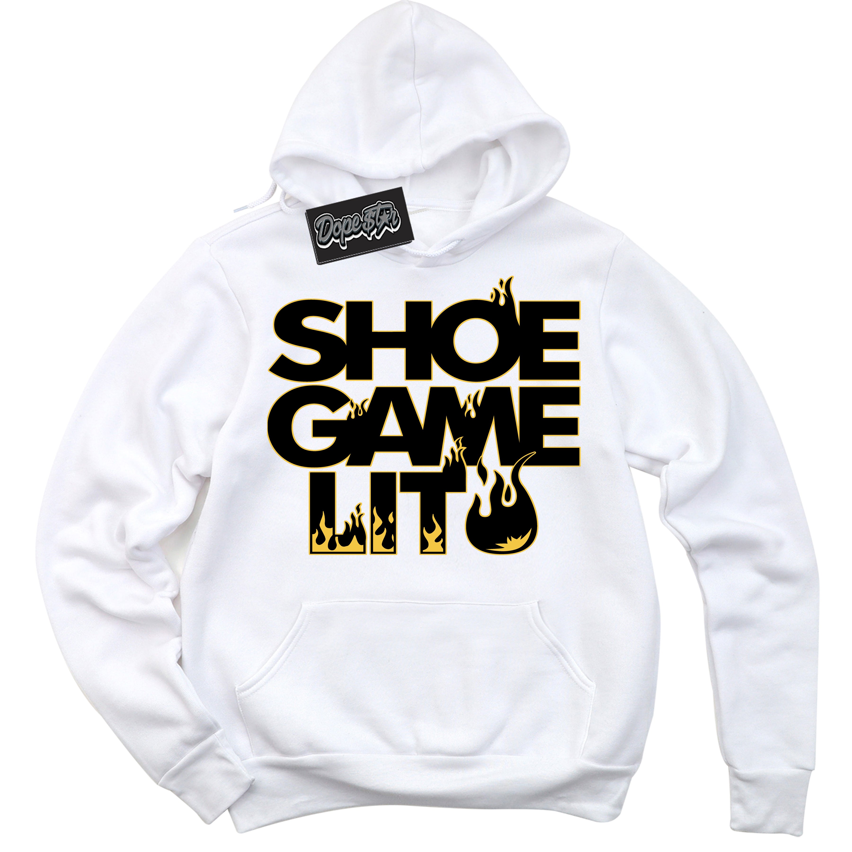 Cool White Hoodie with “ Shoe Game Lit '' design that Perfectly Matches  Black Taxi 12s Sneakers.